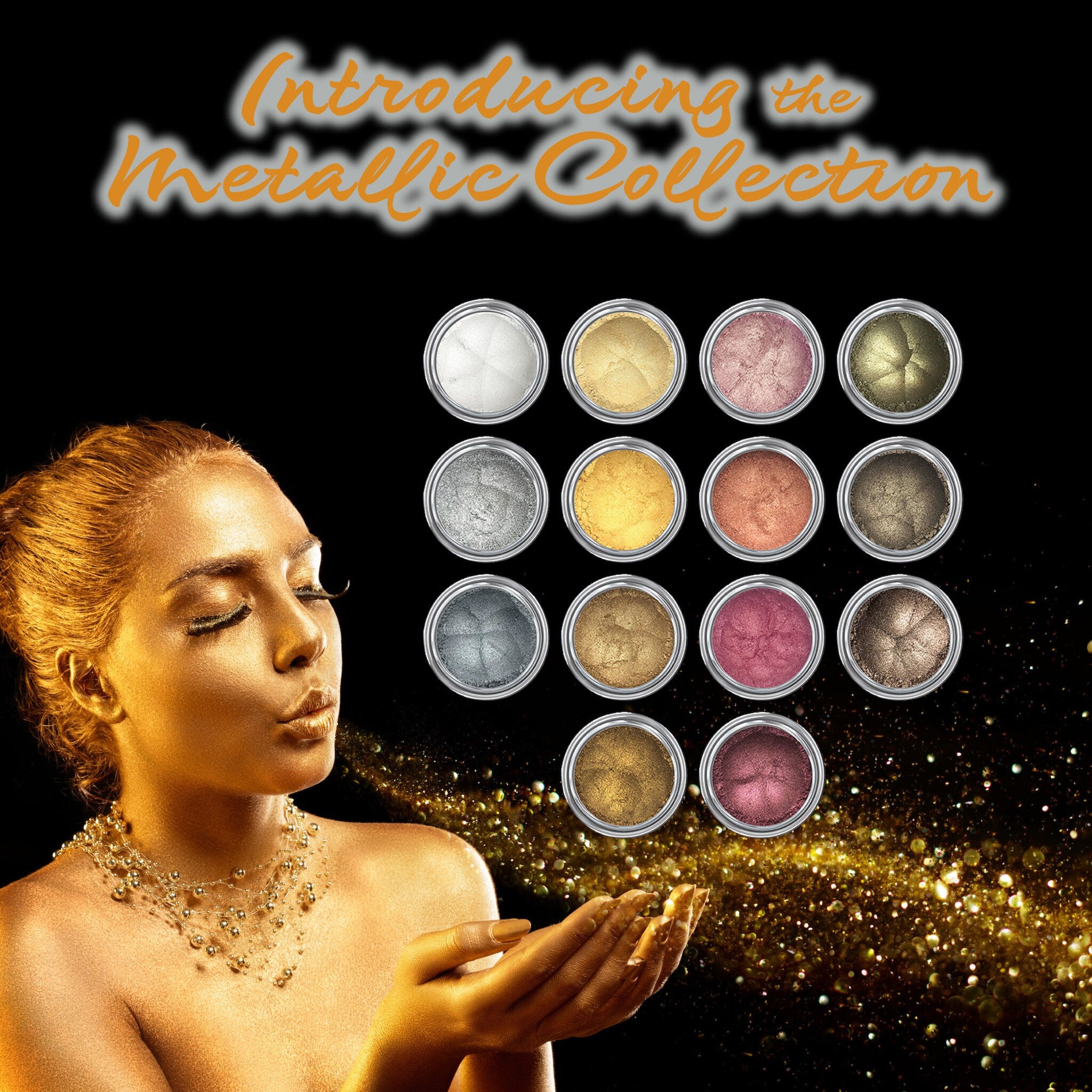 Metallic eyeshadow collection with various colors in silver, gold, and pink, shown with a gold-painted person