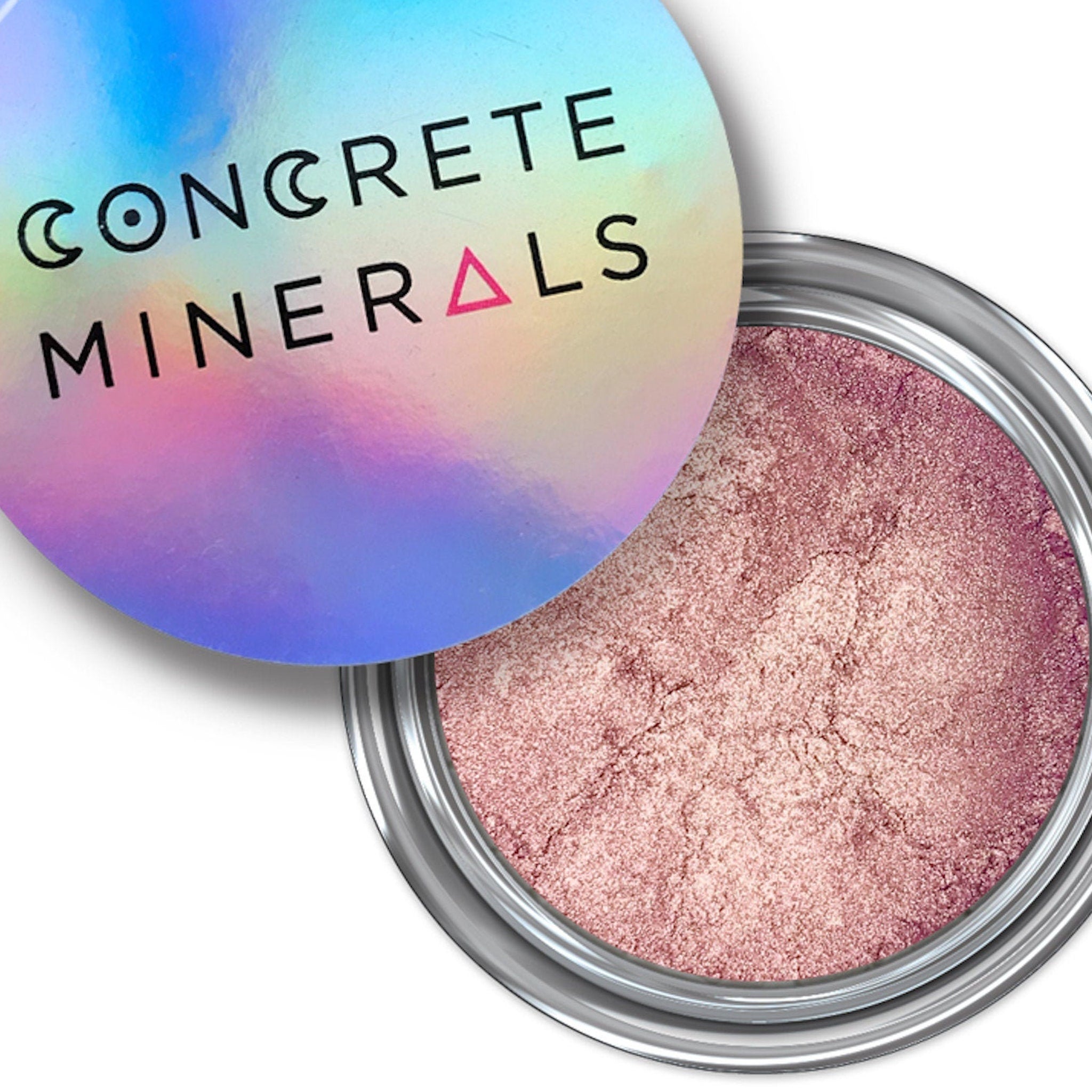 Eyeshadow makeup with pink metallic powder and Concrete Minerals logo on lid