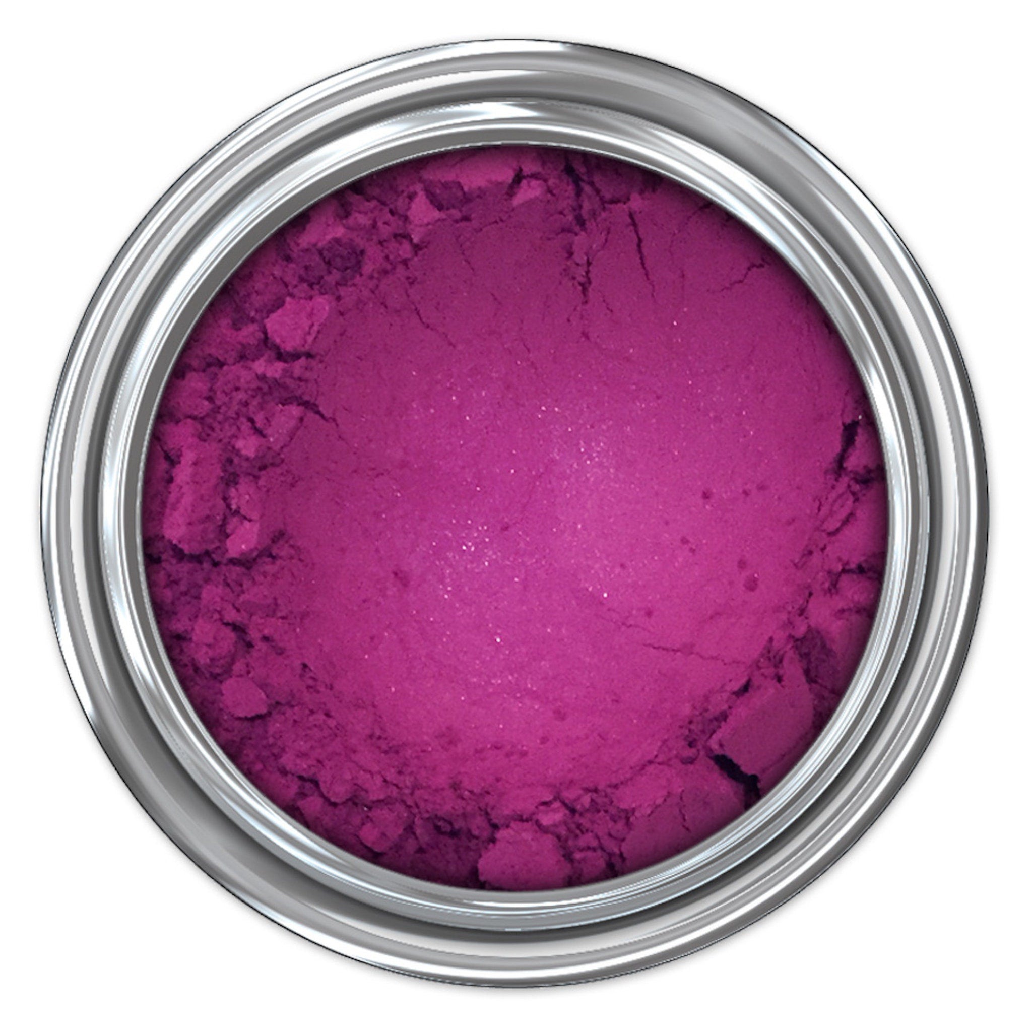 Magenta powder in a silver metal container, top-down view