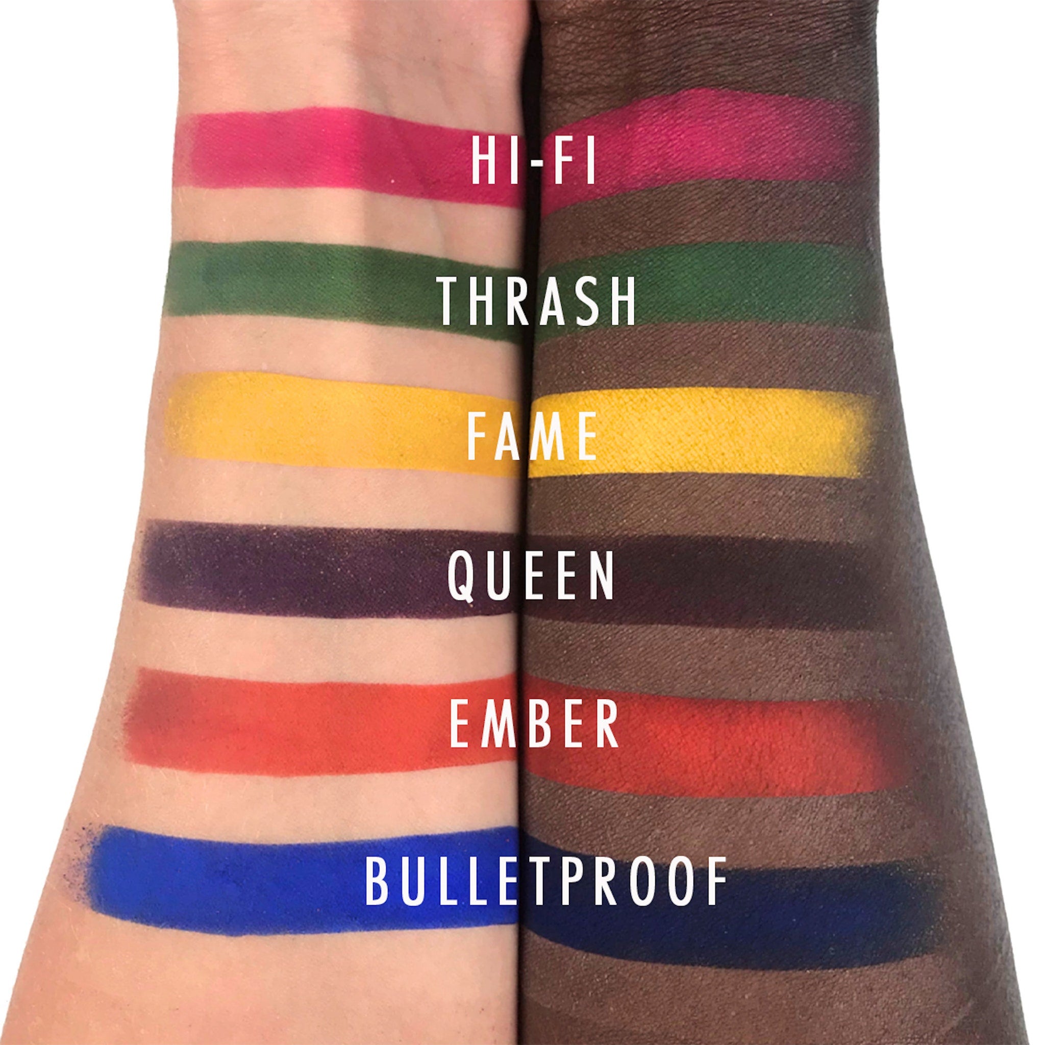 Swatch of colorful eyeshadow shades, pink, green, yellow, purple, orange, blue, on wrists