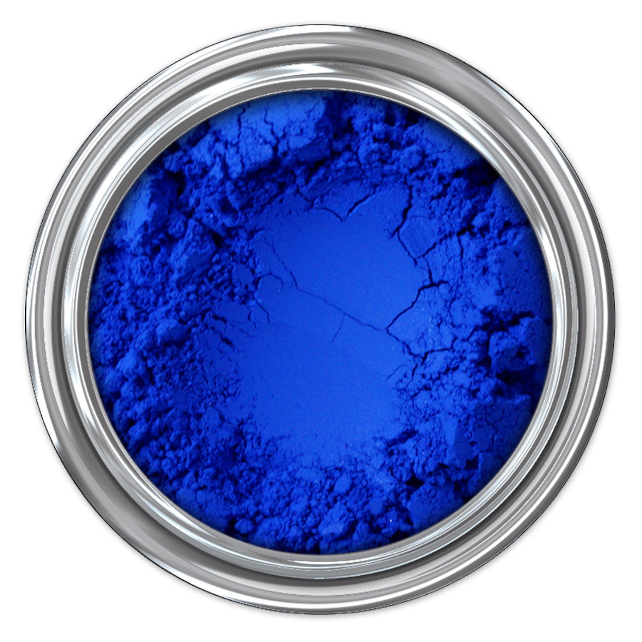 Blue powder in silver paint can, textured powder, round container