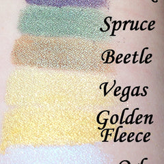 Eyeshadow swatches, gold and yellow shimmer, on skin, with MUREX text visible