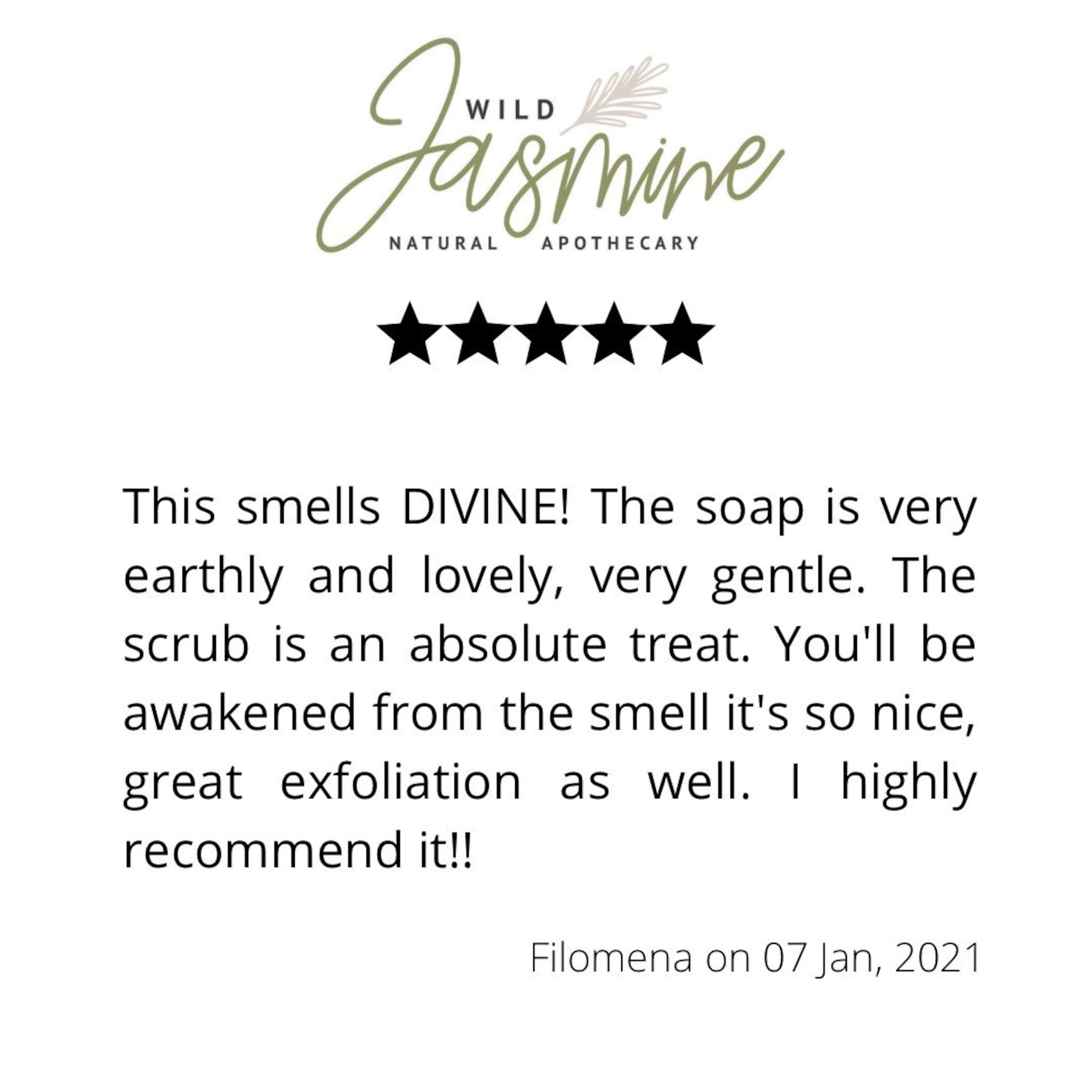 Wild Jasmine logo with green script text, black star rating, and customer review text on white background
