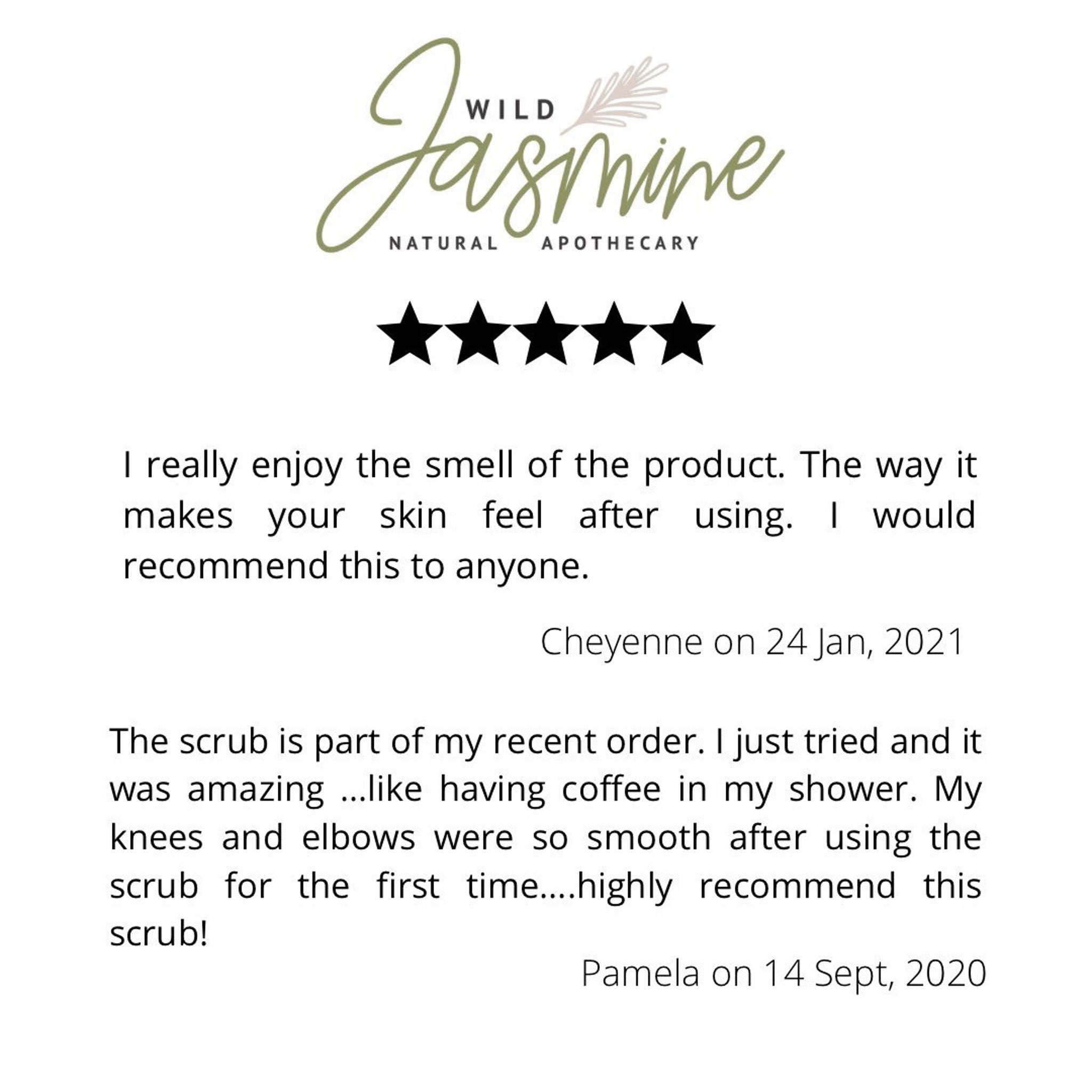 Wild Jasmine logo with green script text, black star rating, and customer reviews on white background