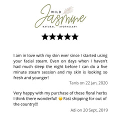Wild Jasmine logo with green script text and black star rating on white background
