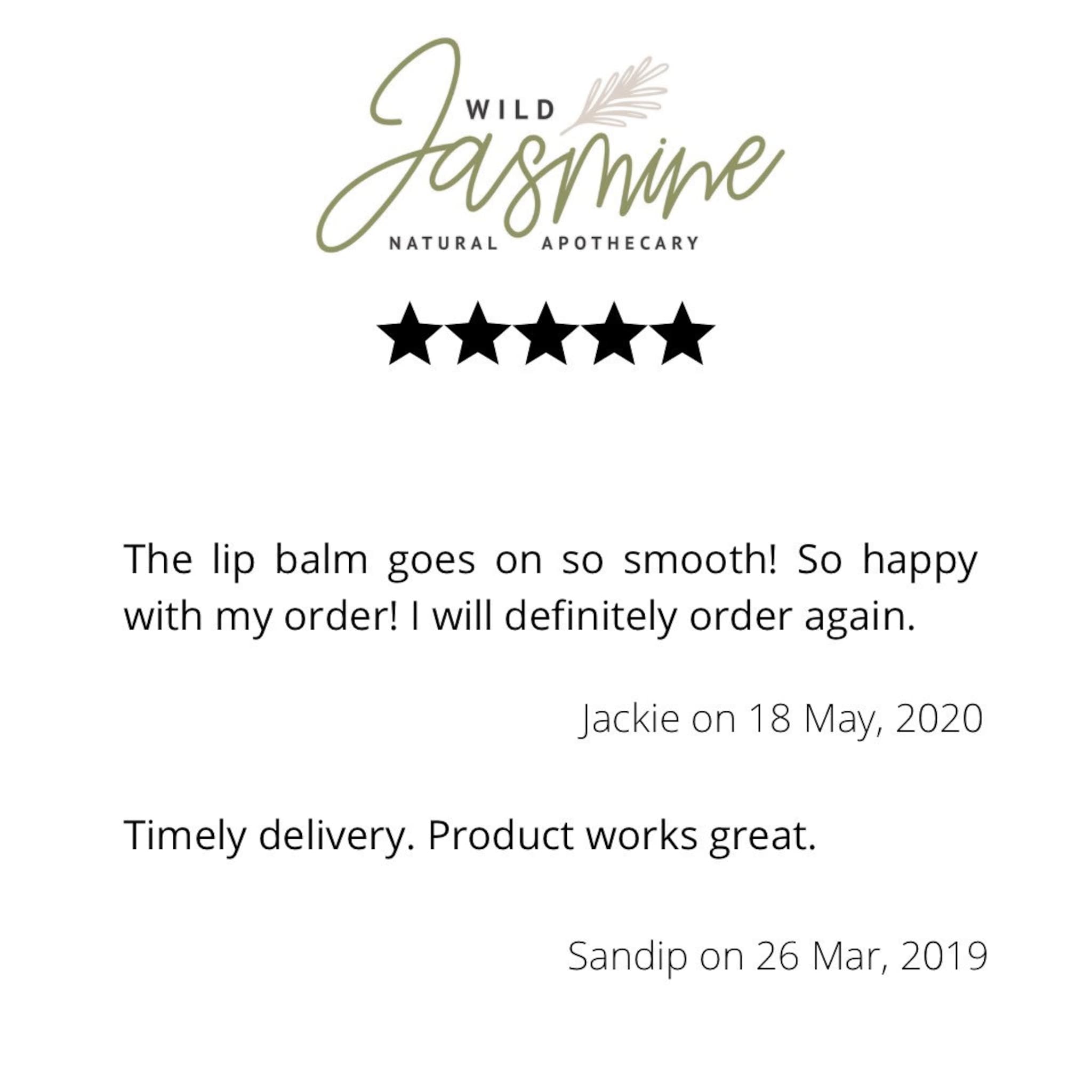 Wild Jasmine logo with five black stars and customer reviews on white background