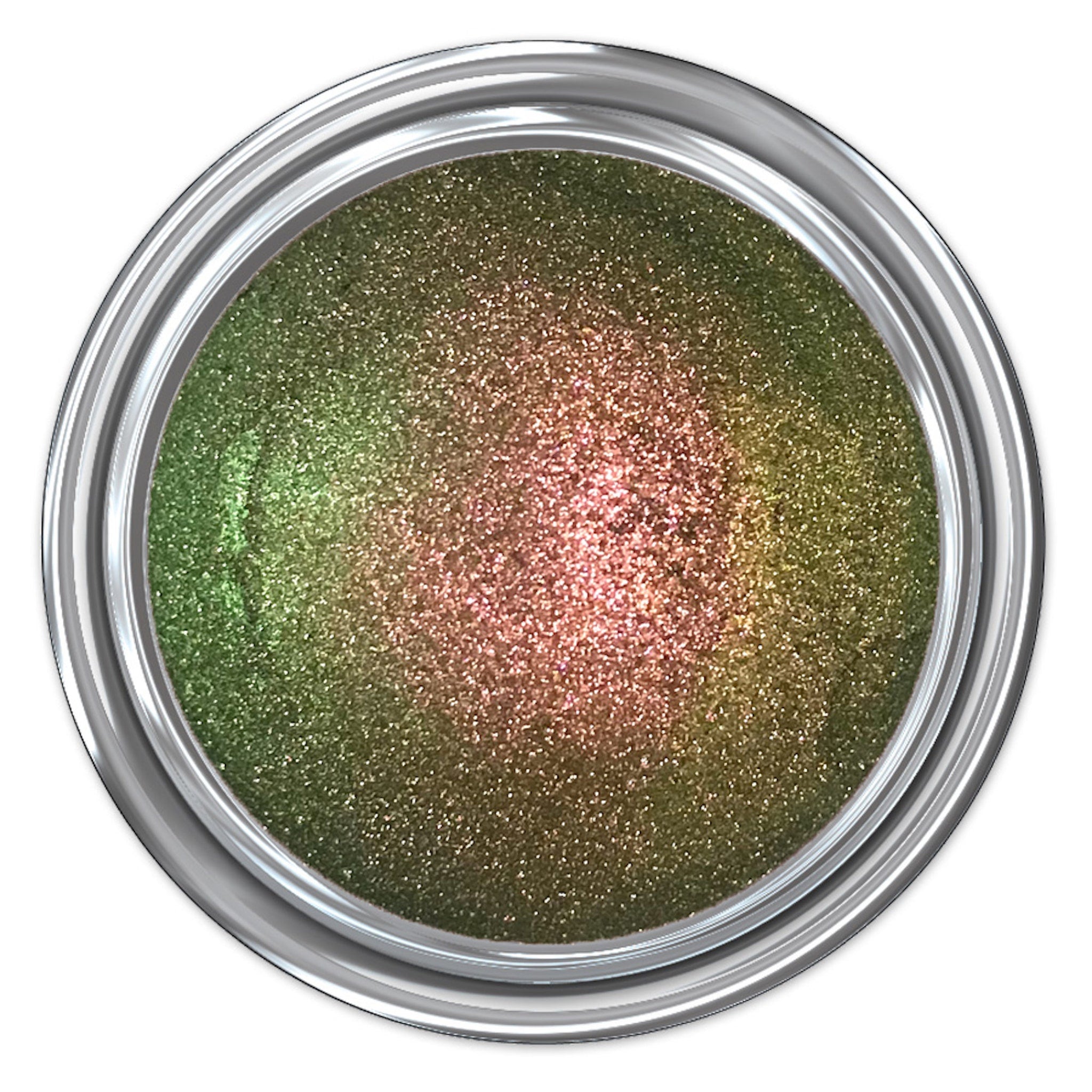 Glitter eyeshadow with green, pink, and gold color in a silver container