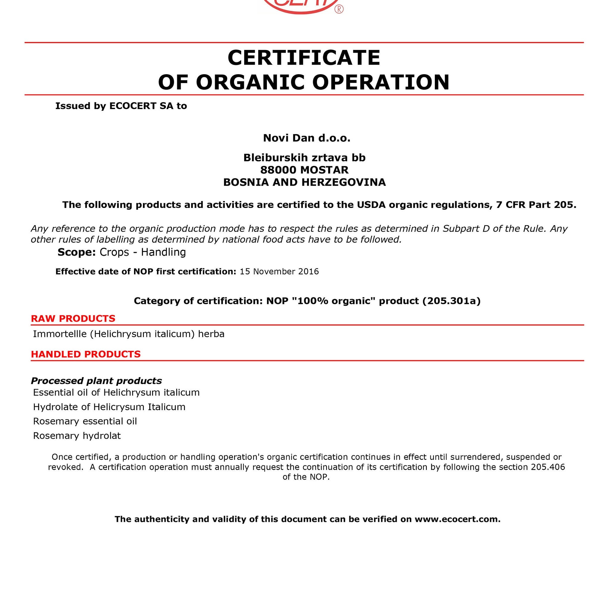 Organic operation certificate with red lines, black text, and ECOCERT logo, issued to Novi Dan d.o.o.
