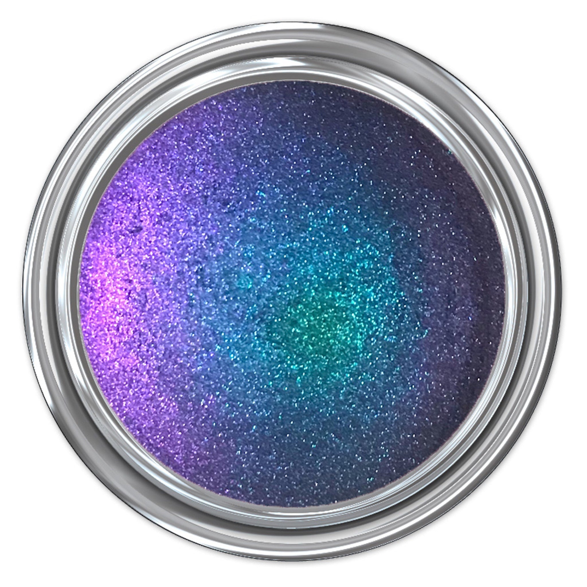 Glitter paint with purple, blue, and green color gradient in a silver metal can