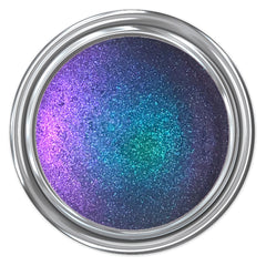 Glitter paint with purple, blue, and green color gradient in a silver metal can