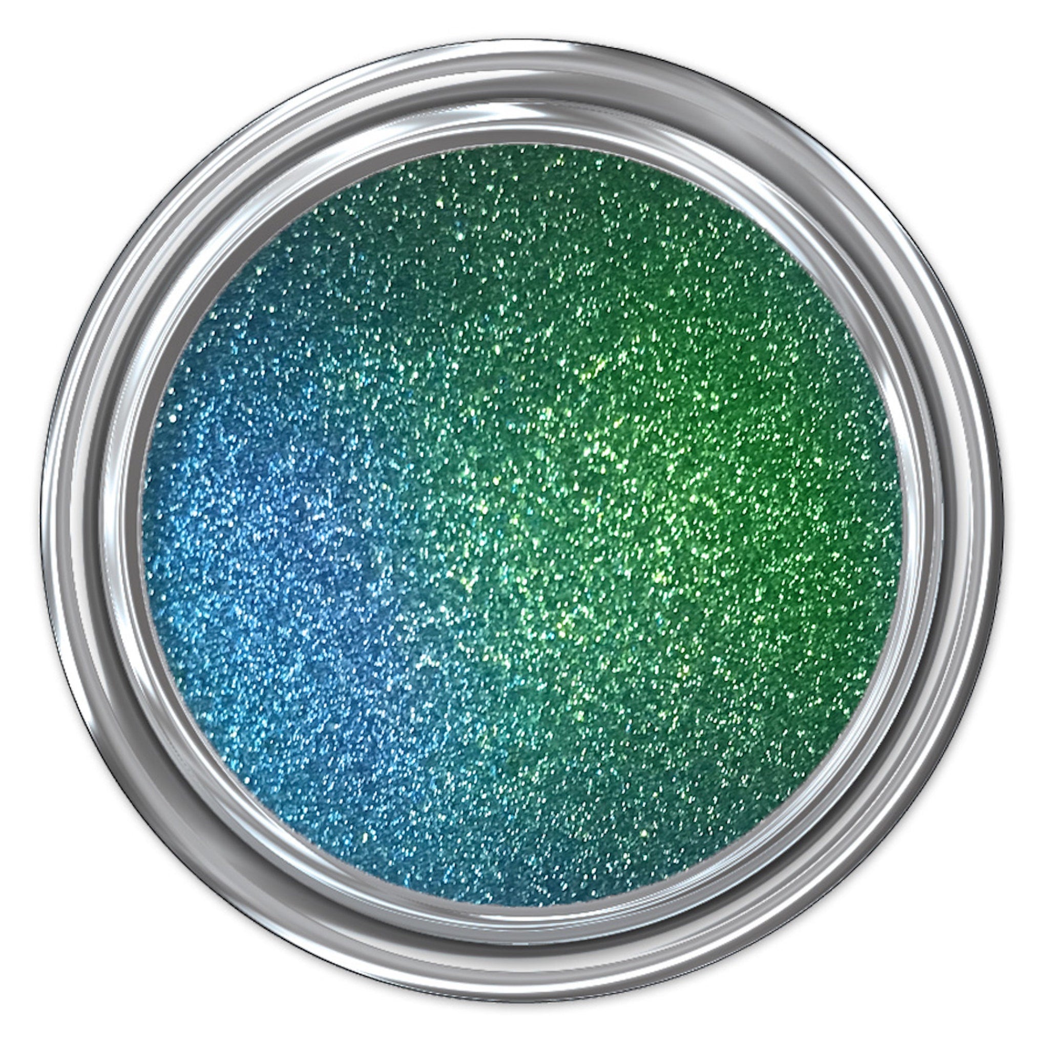 Glitter paint in blue and green with metallic silver container, top view