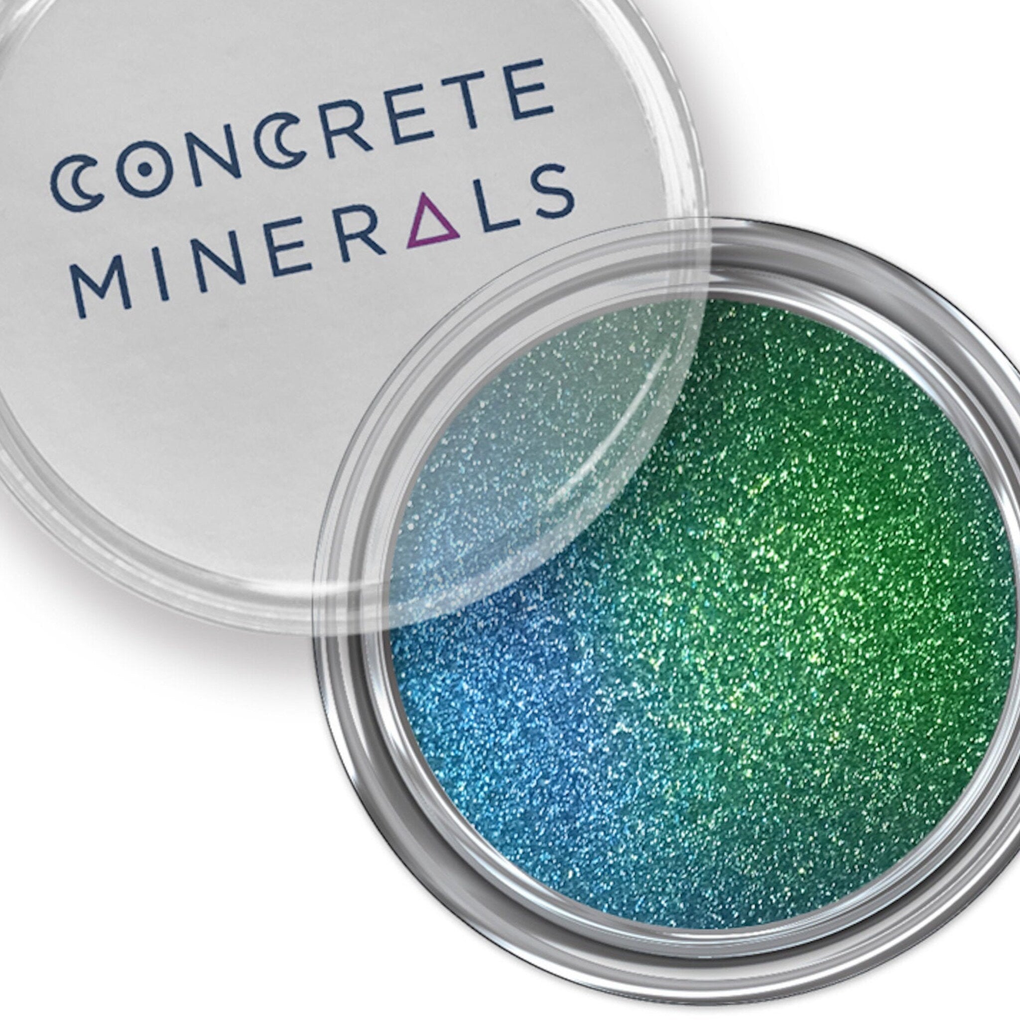 Eyeshadow pot with blue-green glitter, silver rim, and Concrete Minerals brand text
