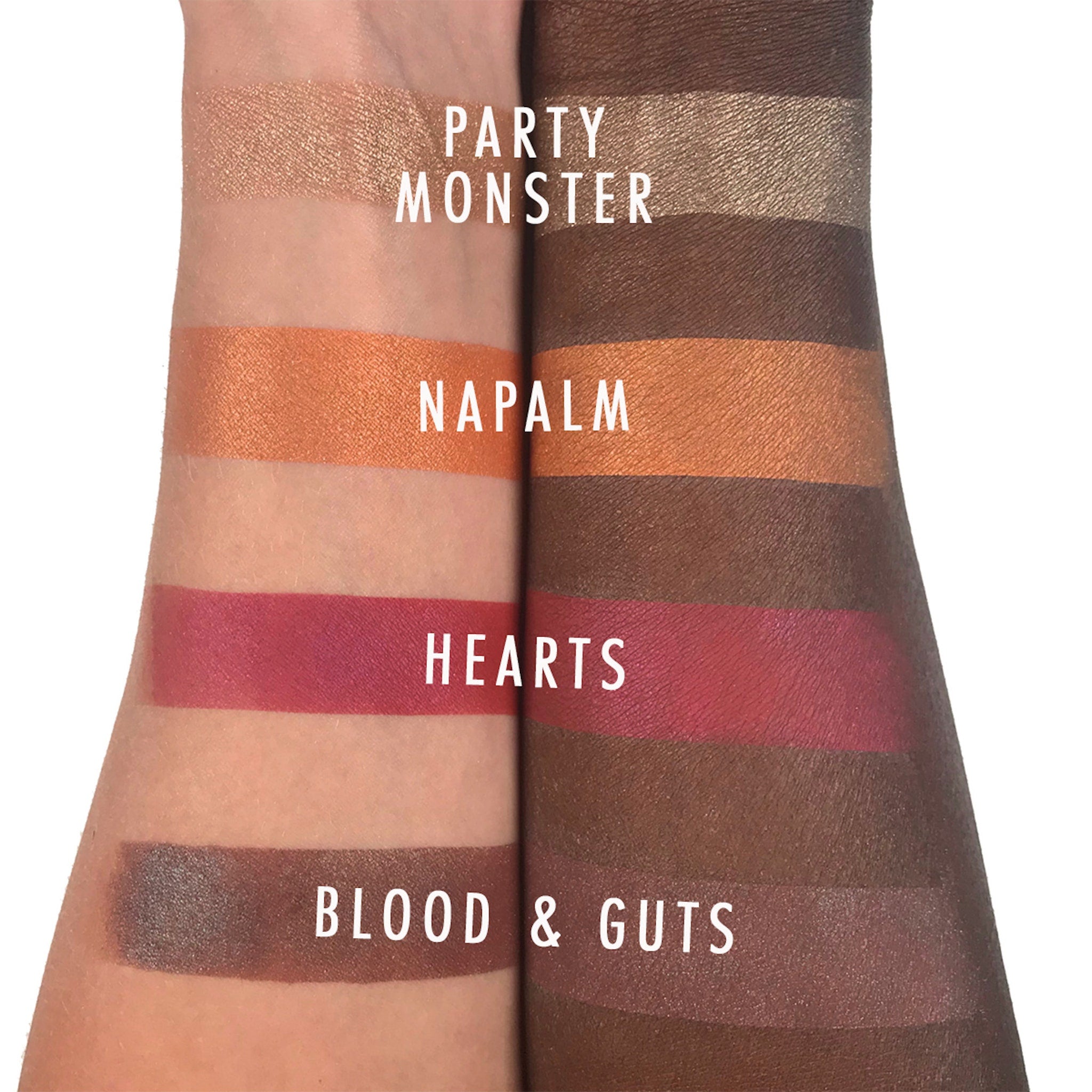 Eyeshadow swatches in metallic and matte finishes with "Party Monster", "Napalm", "Hearts", "Blood & Guts" text