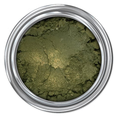 Eyeshadow powder in olive green with metallic shimmer, contained in a silver metal jar