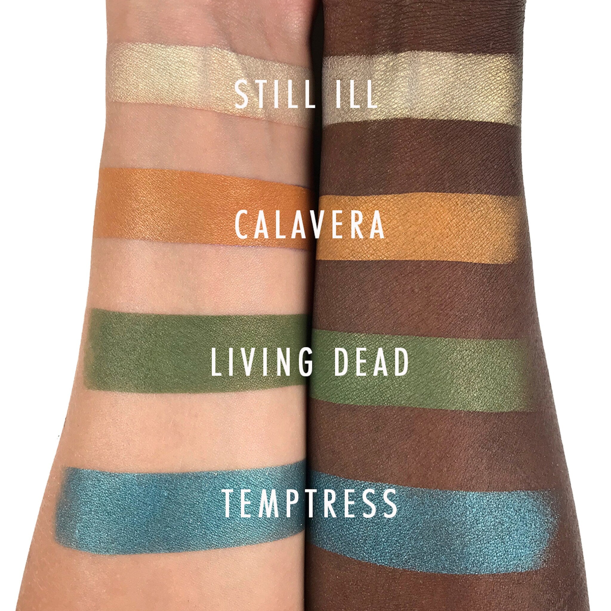 Eyeshadow swatches with gold, orange, green, and blue metallic colors on arms, with text labels