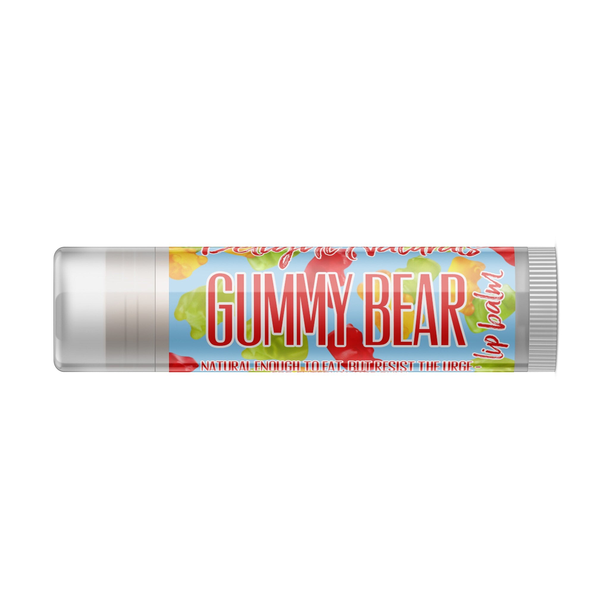 Lip balm tube with white and silver casing, Gummy Bear design, Delight Naturals branding