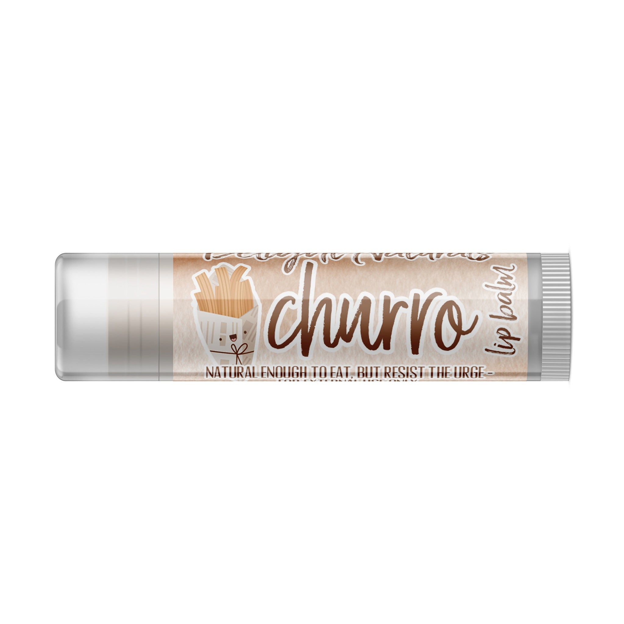 Lip balm tube with Delight Naturals churro text, tan and white, lip balm label