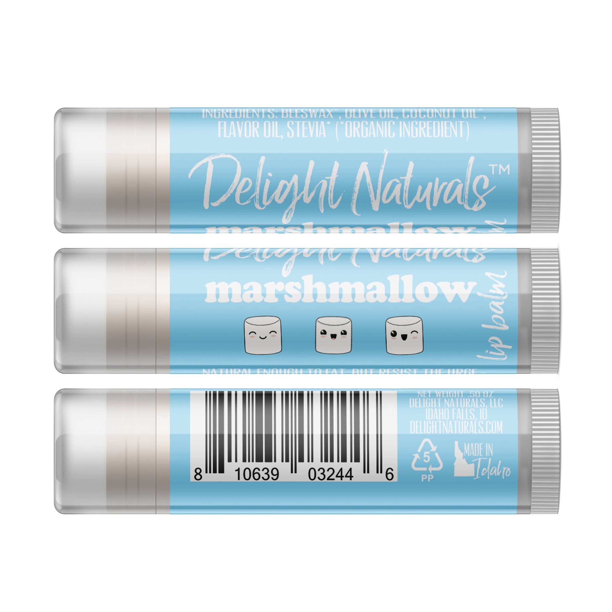 Lip balm tubes with blue and white labels, Delight Naturals marshmallow flavor, for lip care