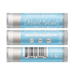 Lip balm tubes with blue and white labels, Delight Naturals marshmallow flavor, for lip care