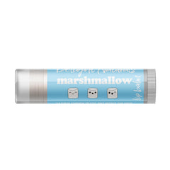 Lip balm tube with blue and white design, Delight Naturals marshmallow text, and marshmallow graphics