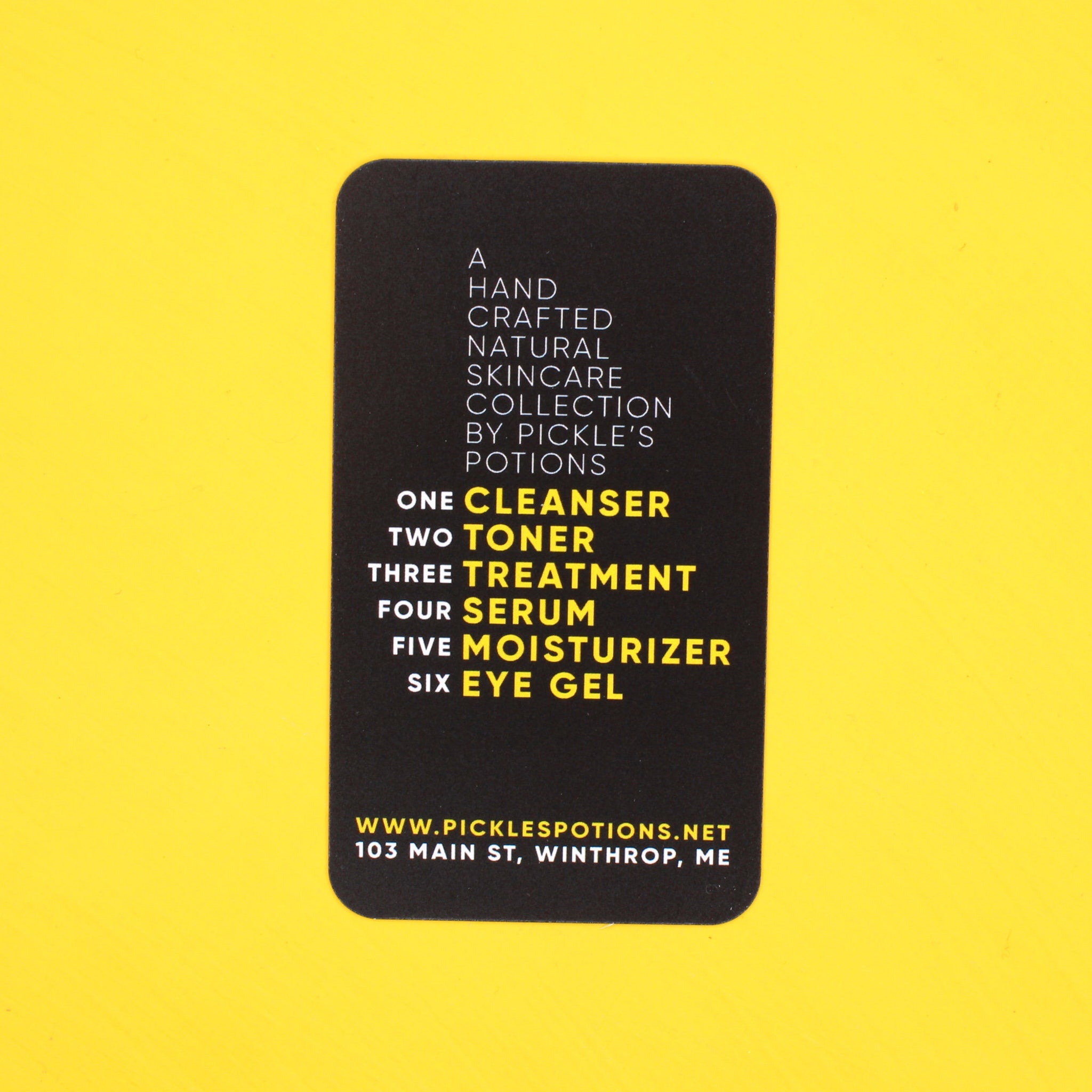 Skincare collection card with black background, white text, and yellow border by Pickle's Potions