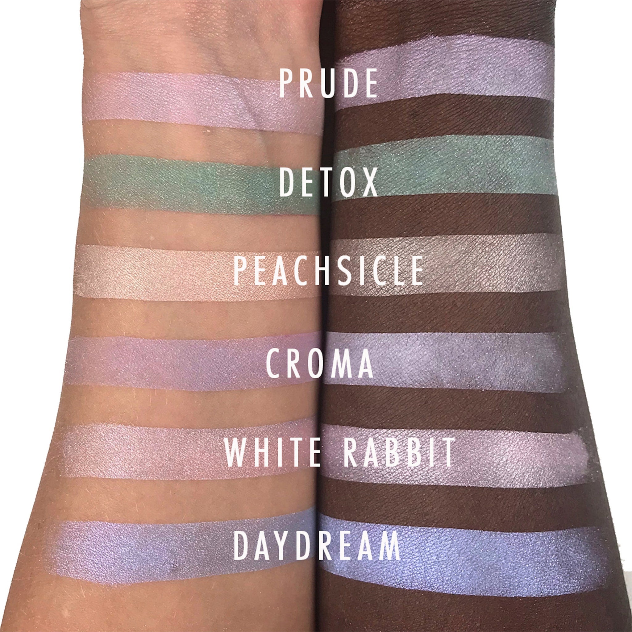 Eyeshadow swatches in pastel colors, metallic finish, applied on skin, with product names visible