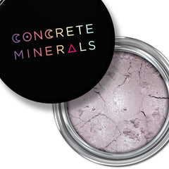 Mineral eyeshadow, light purple powder with silver shimmer, in a silver container, Concrete Minerals brand
