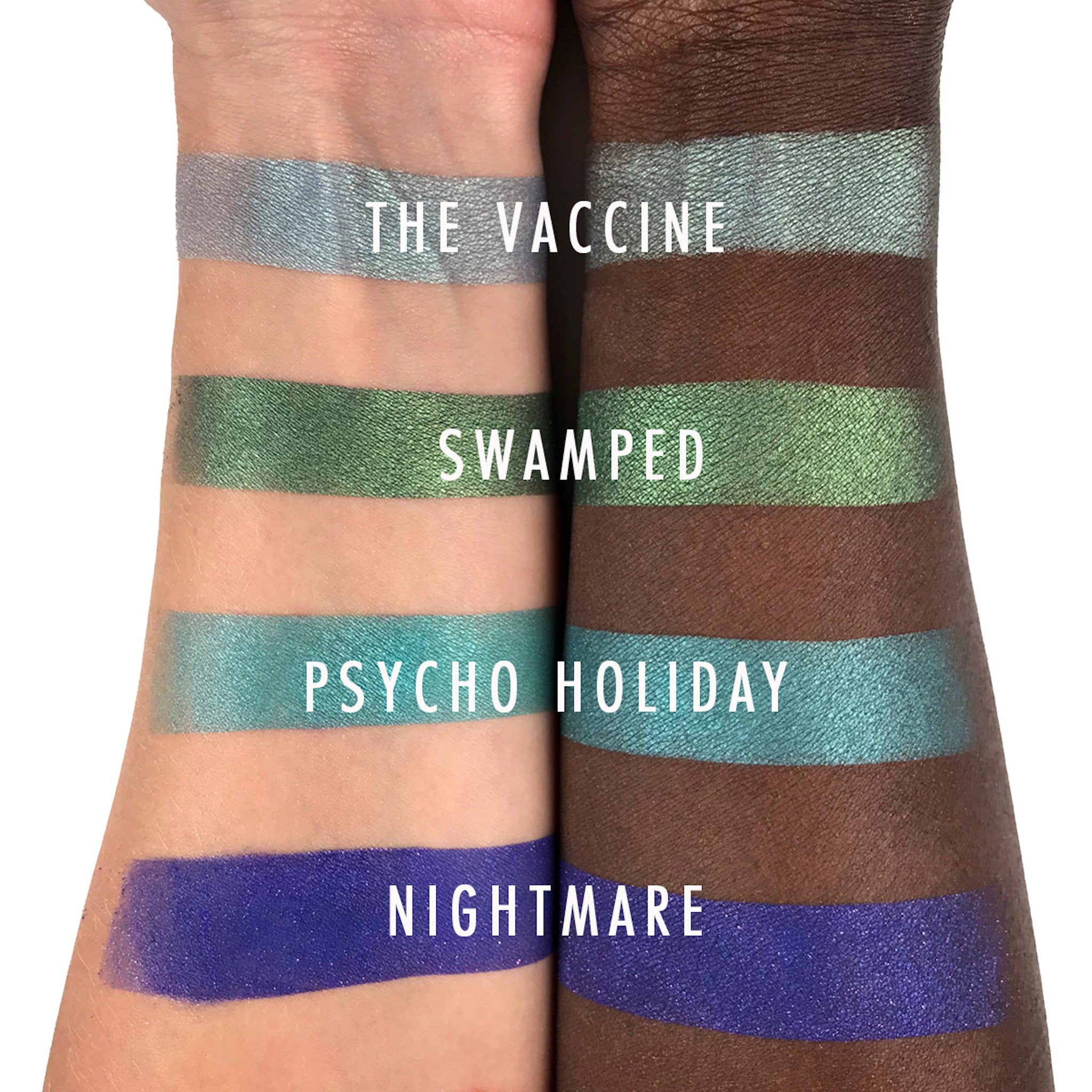 Eyeshadow swatches, blue, green, and purple metallic shades on arms, with text labels