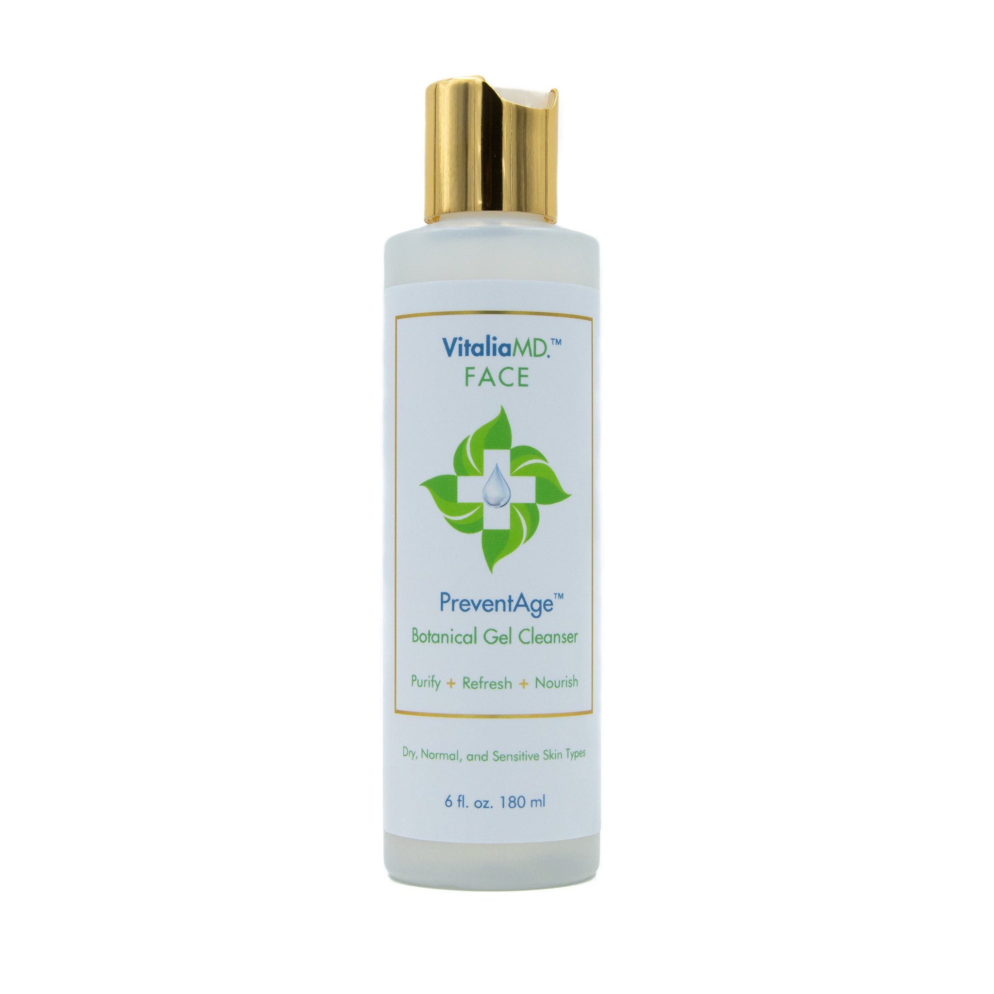 Facial cleanser bottle with gold cap, white label, VitaliaMD text