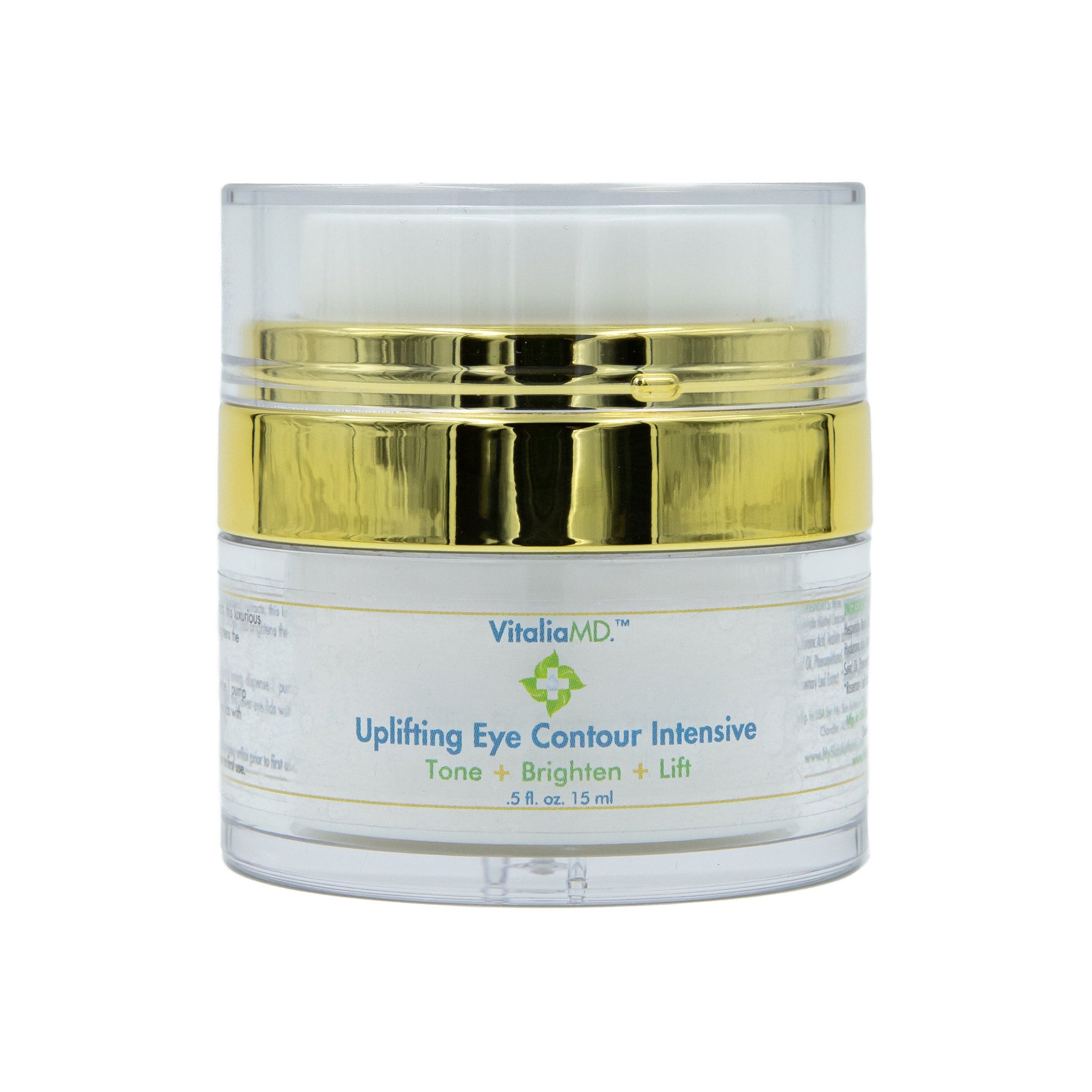 Eye makeup cream jar with gold and clear accents, VitaliaMD brand visible