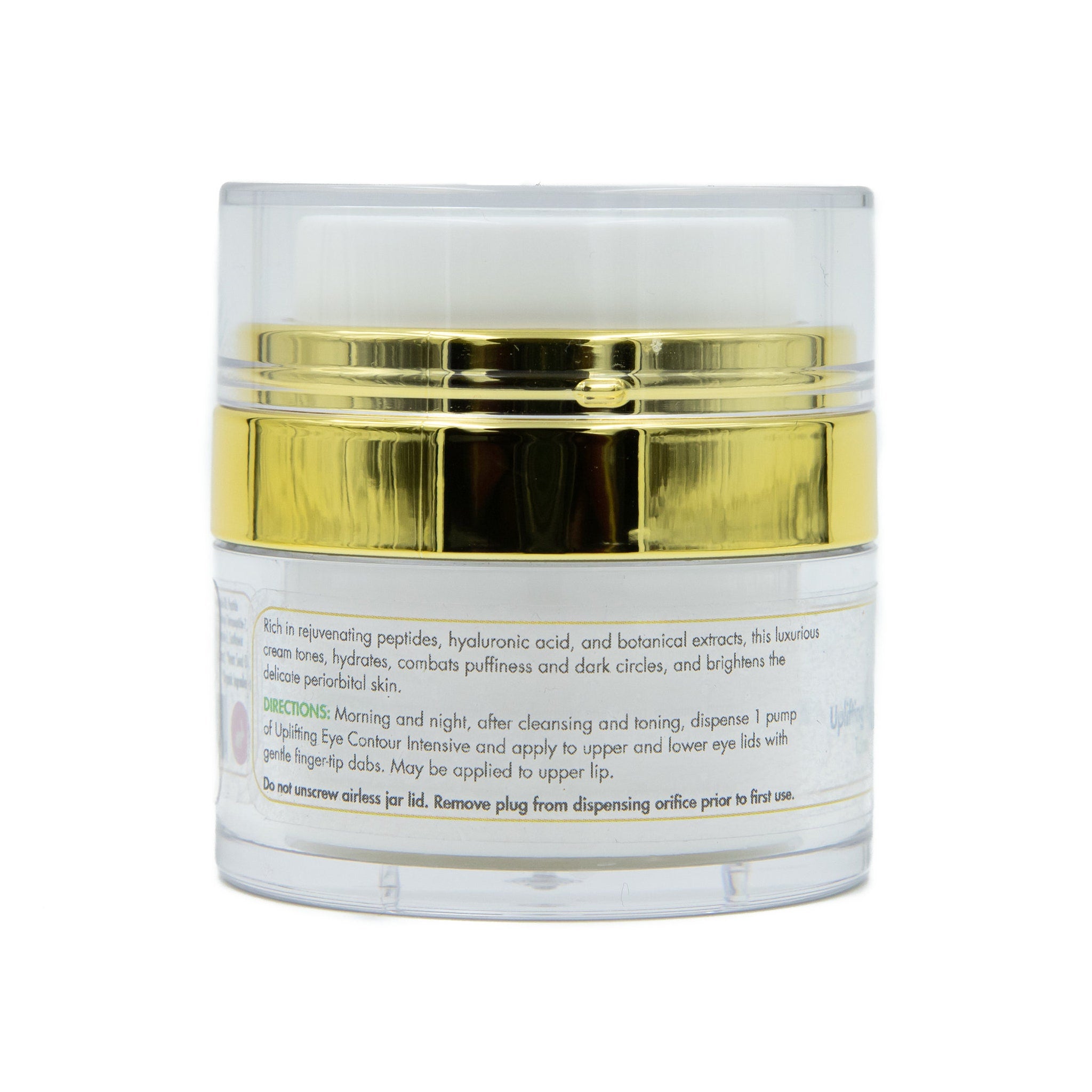 Eye cream jar with clear, white, and gold accents, for skincare use