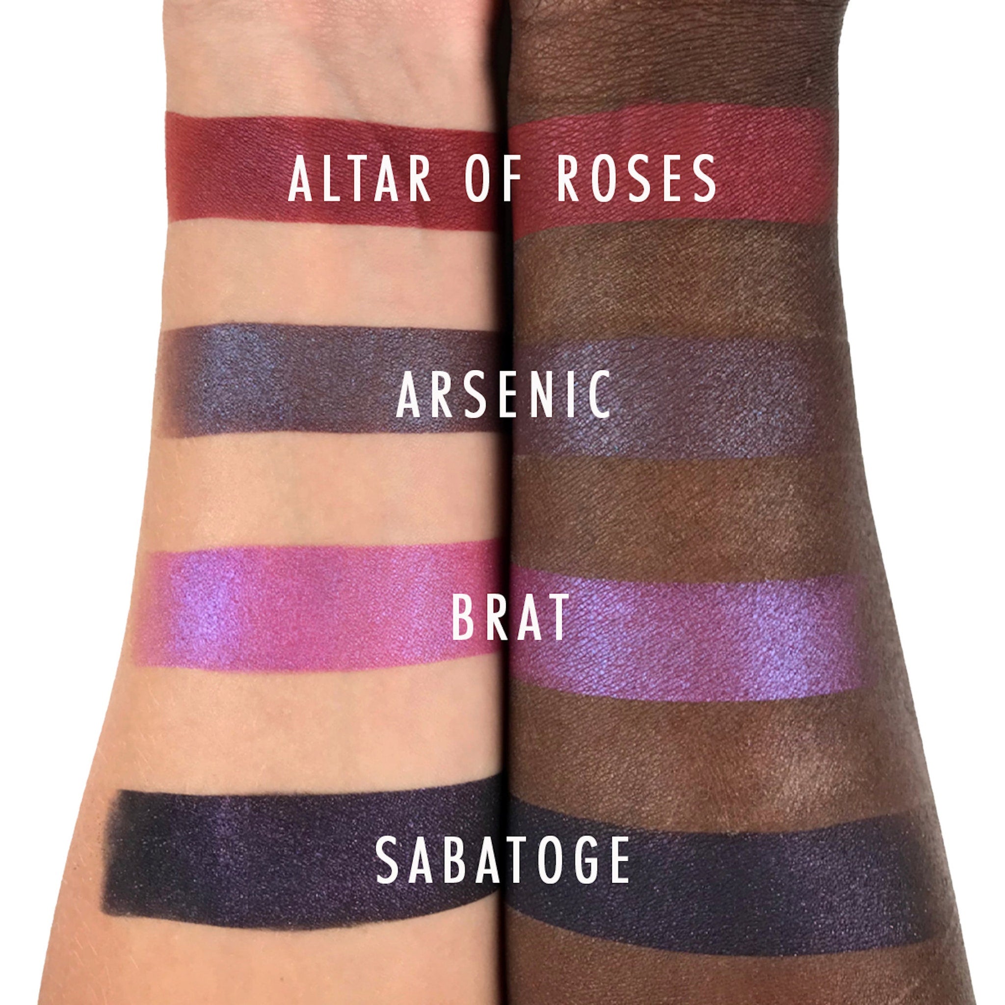 Lipstick swatches, various colors including red, purple, and pink, on arms, with text labels "ALTAR OF ROSES", "ARSENIC", "BRAT", "SABATOGE