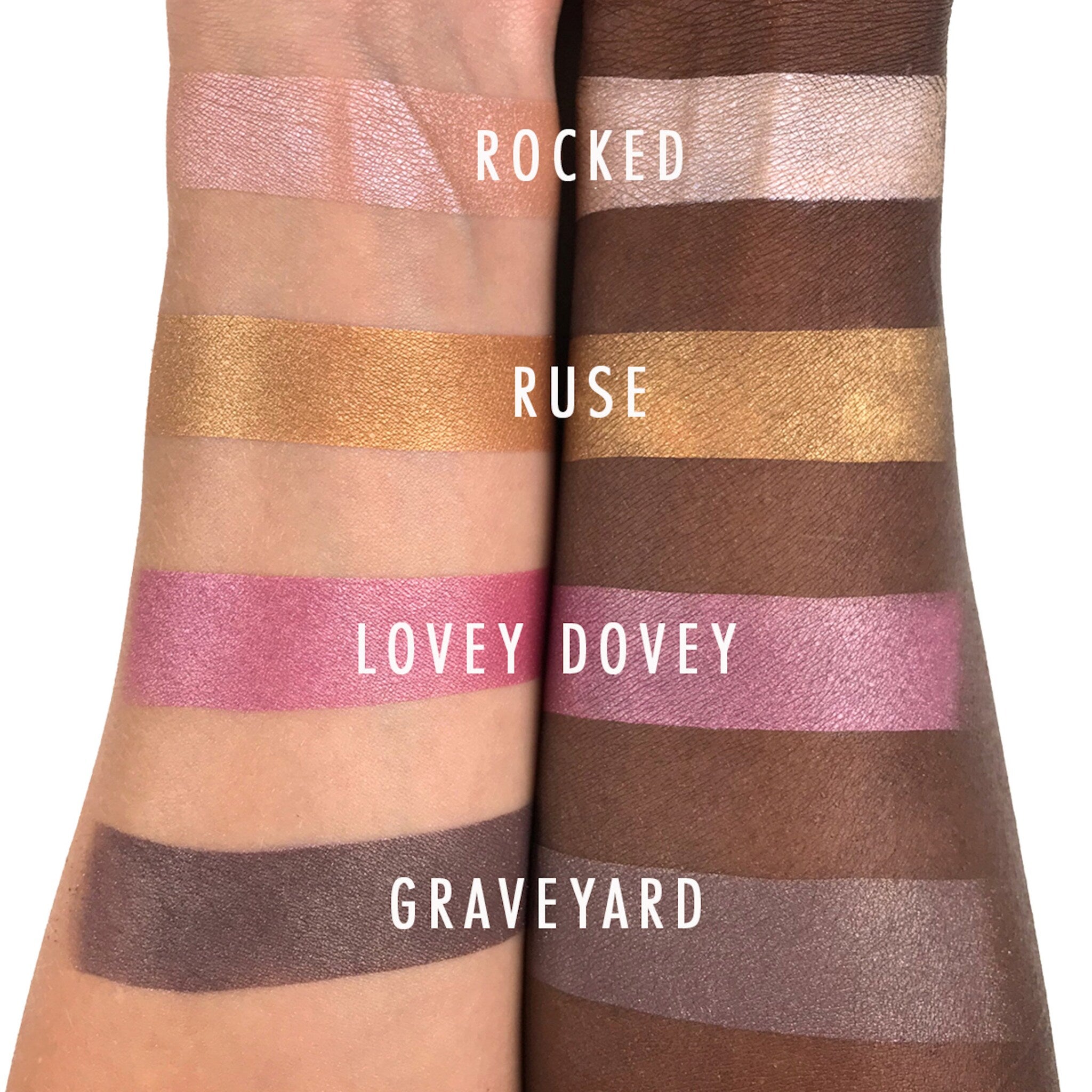 Eye shadow swatches with pink, gold, purple, and brown metallic shades on skin with text labels
