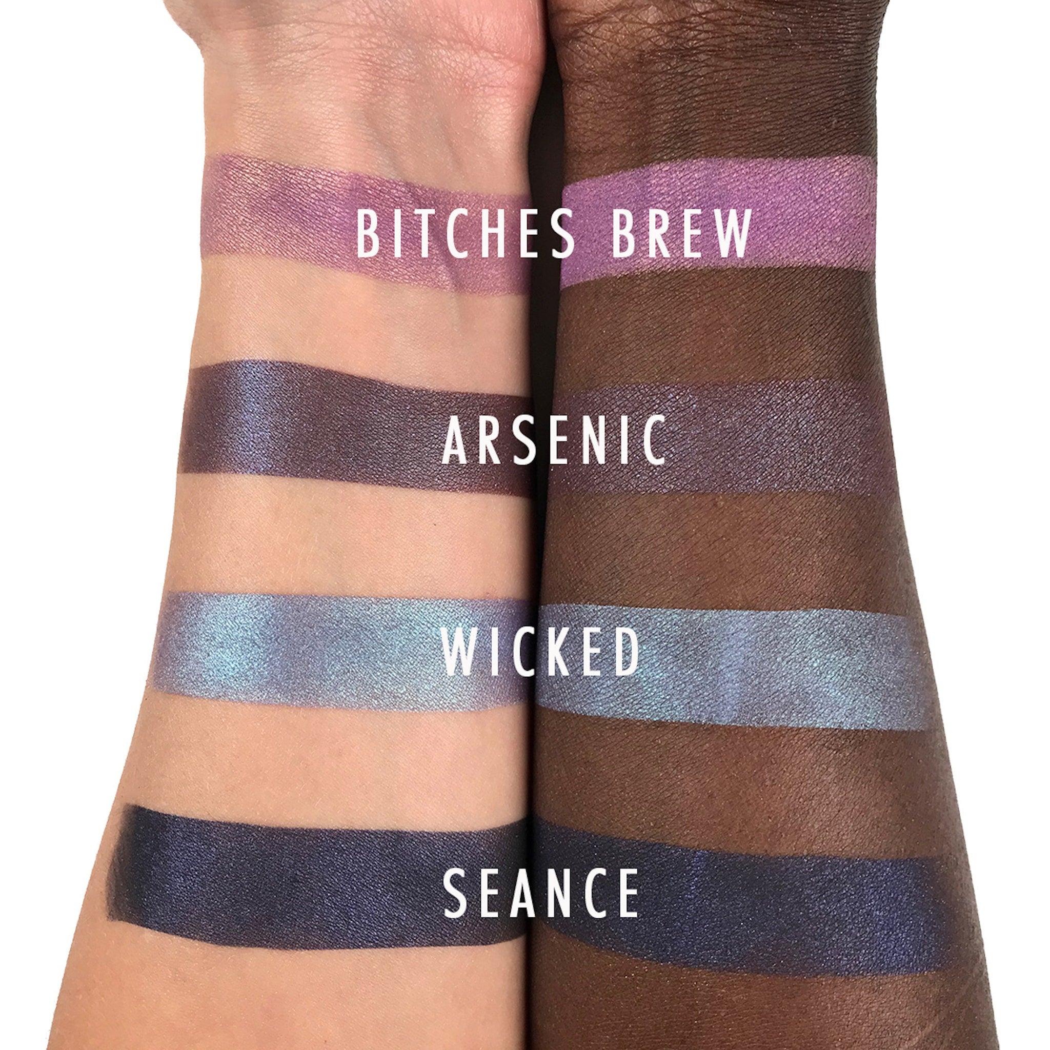 Eyeshadow swatches in purple, blue, and grey metallic shades on skin, with text labels
