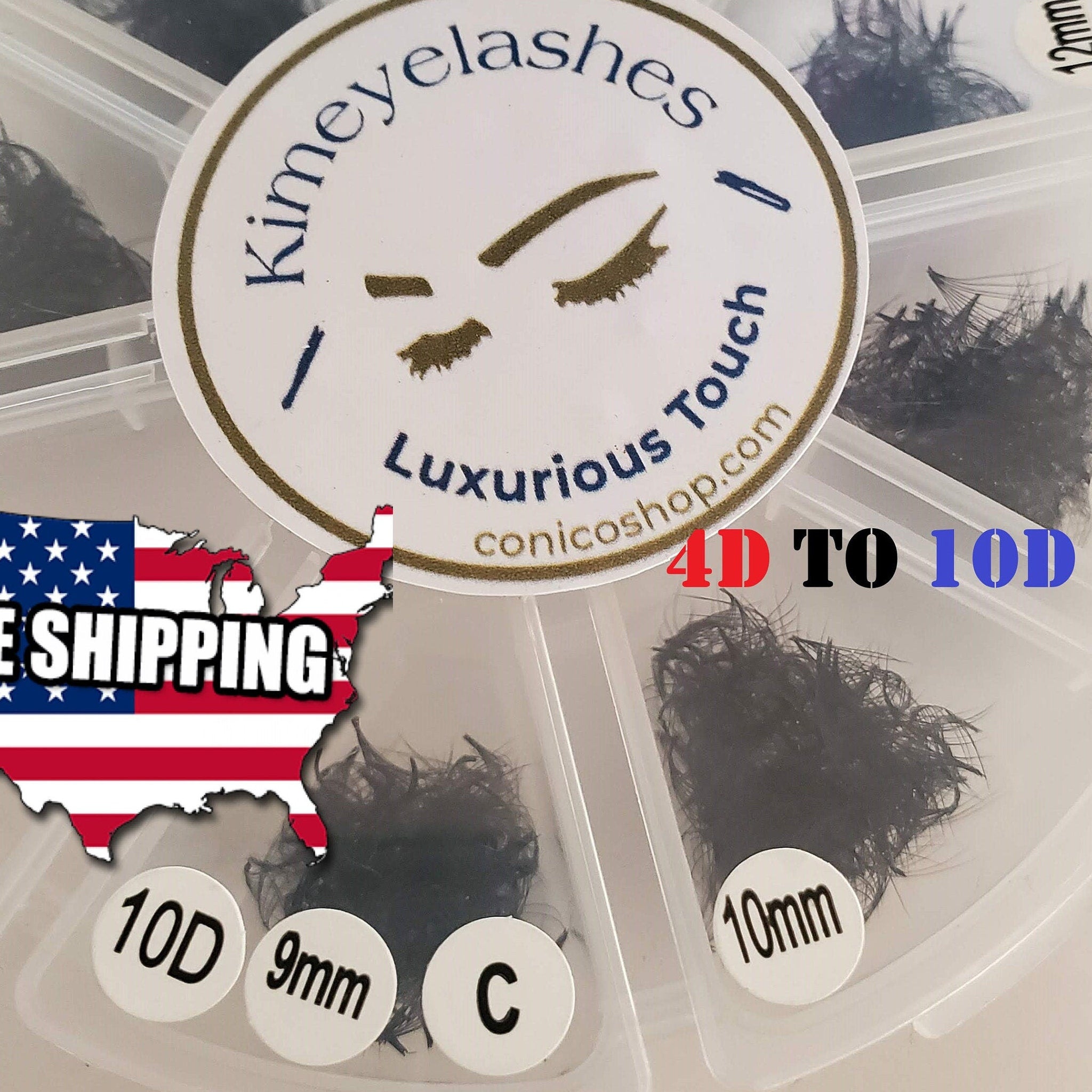 Eyelash extensions black fans in plastic container with Kimeyelashes logo, 4D to 10D lash fans