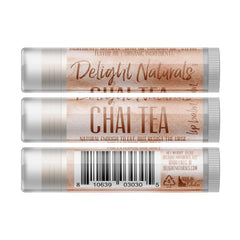 Lip balm tube with brown text and beige background, Delight Naturals brand name visible