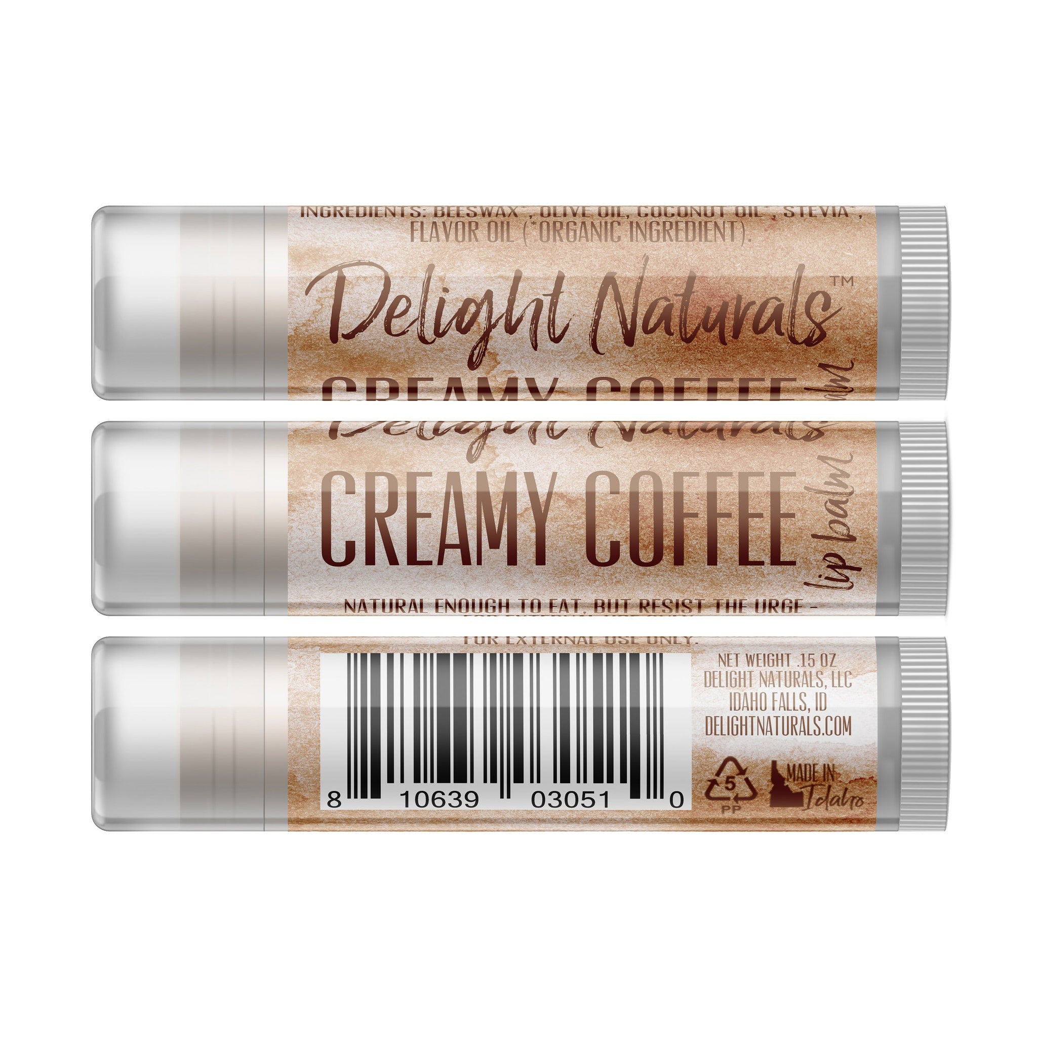 Lip balm tube with white, brown label, and Delight Naturals text, creamy coffee flavor