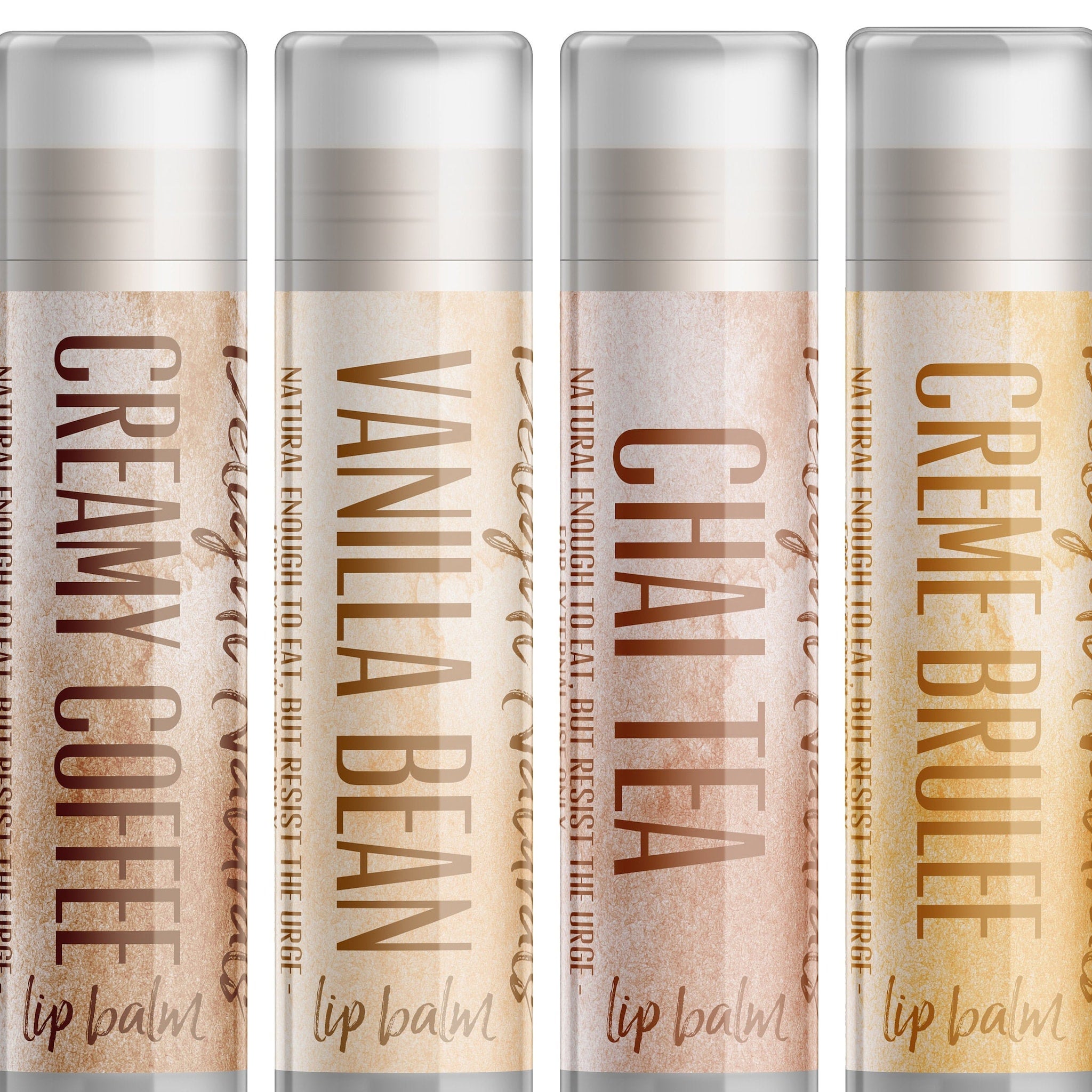 Lip balm set with white tubes, brown text, and coffee-themed labels from Delight Naturals