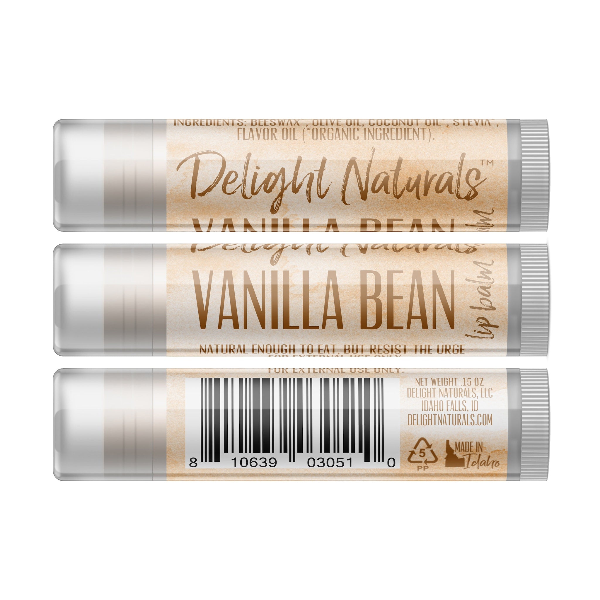 Lip balm tube with brown text on beige label, Delight Naturals brand, for external use