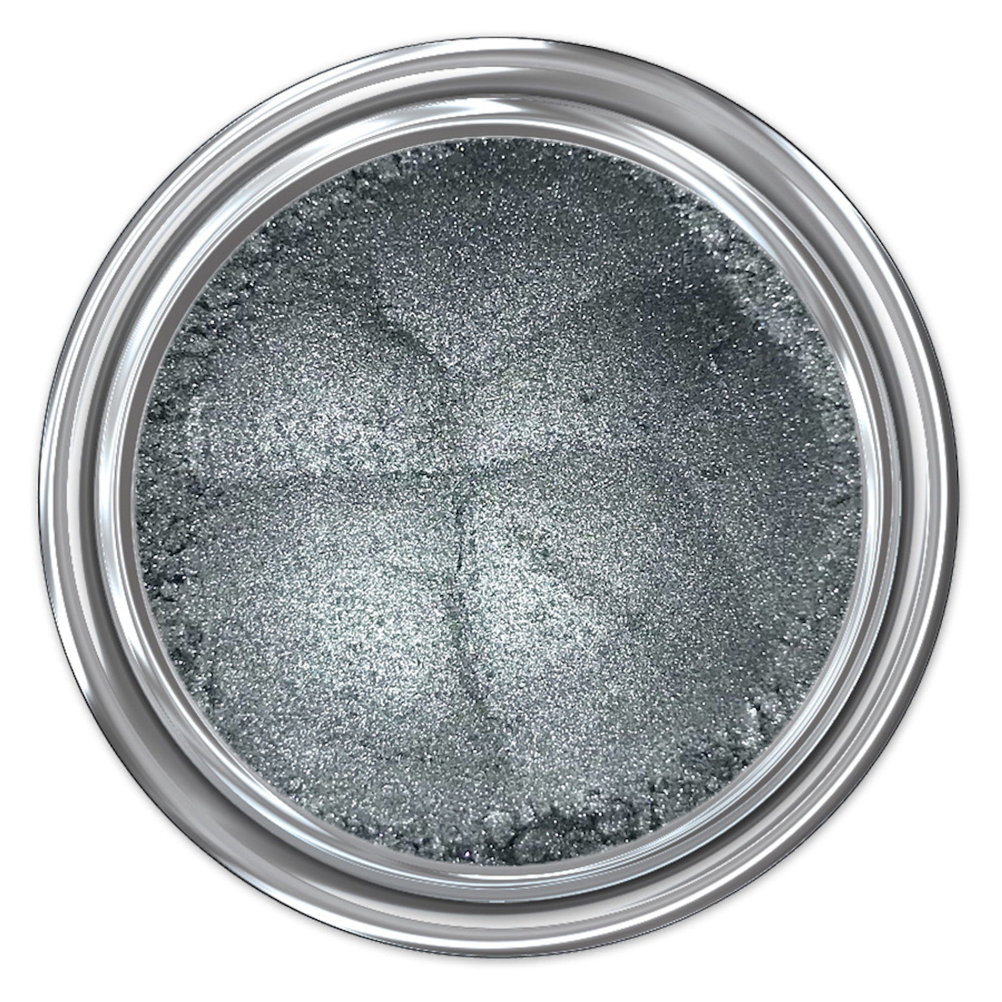 Silver eyeshadow in a round container with silver metallic rim and glitter texture