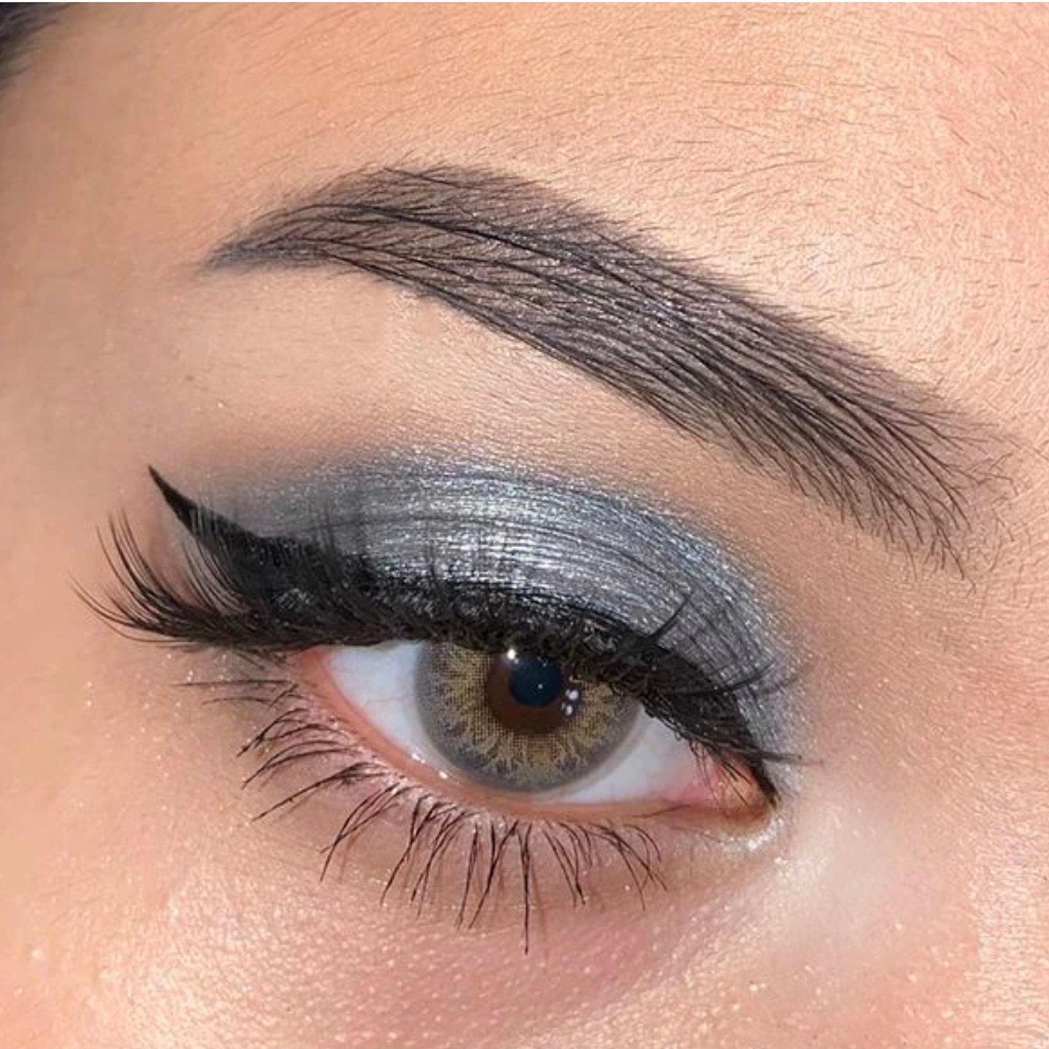 Eye makeup with silver eyeshadow, black eyeliner, and brown eye color for a dramatic look
