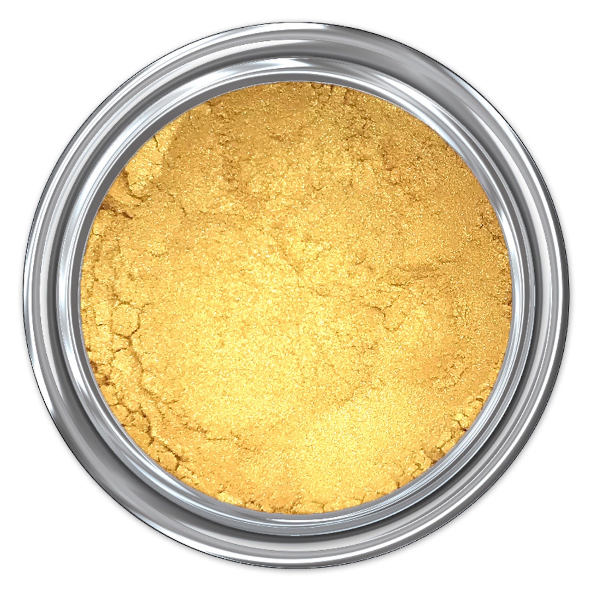 Gold powder in a silver metal container, with a textured surface and round shape