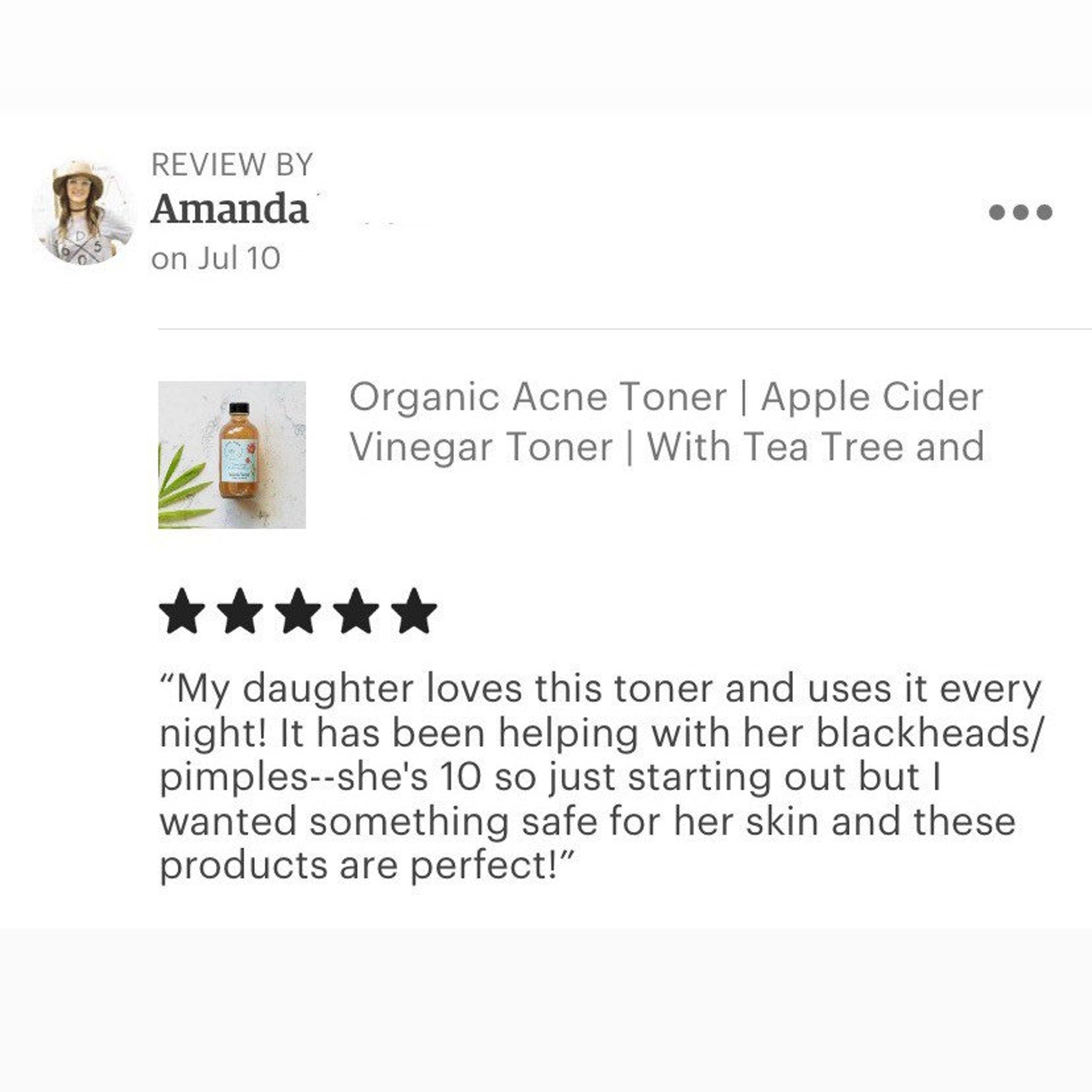 Acne toner review with five star rating, brown bottle, and text from Amanda