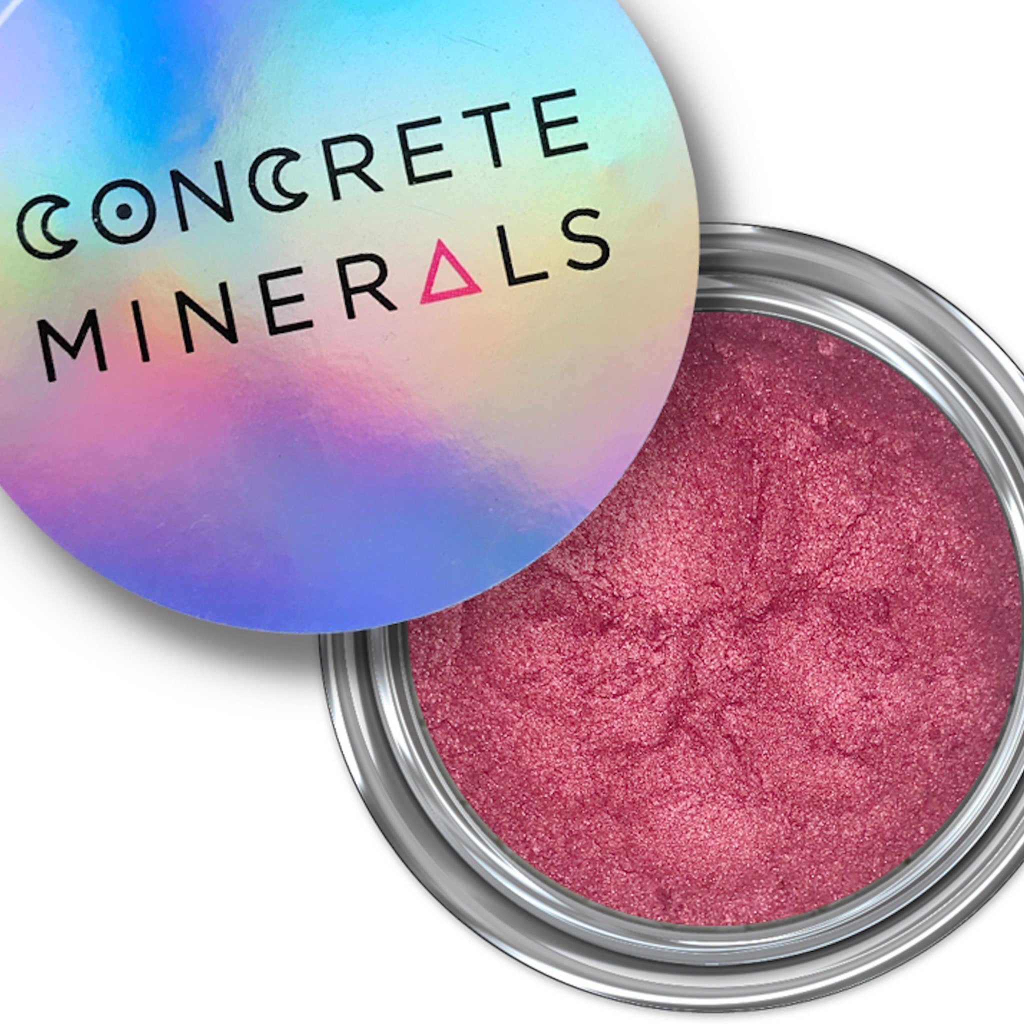 Metallic silver eyeshadow pot with sleek black lid and mirrored finish, showcasing vibrant shimmer pigments.