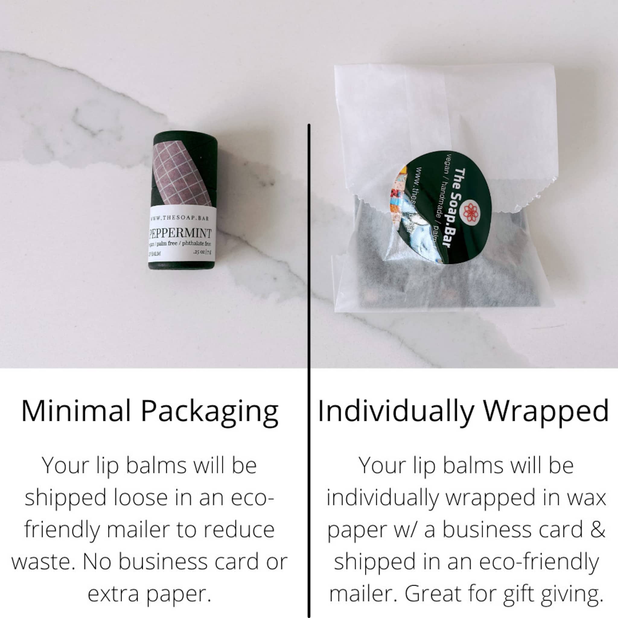 Lip balm tube with dark green and patterned label, next to wrapped lip balm in white paper packaging