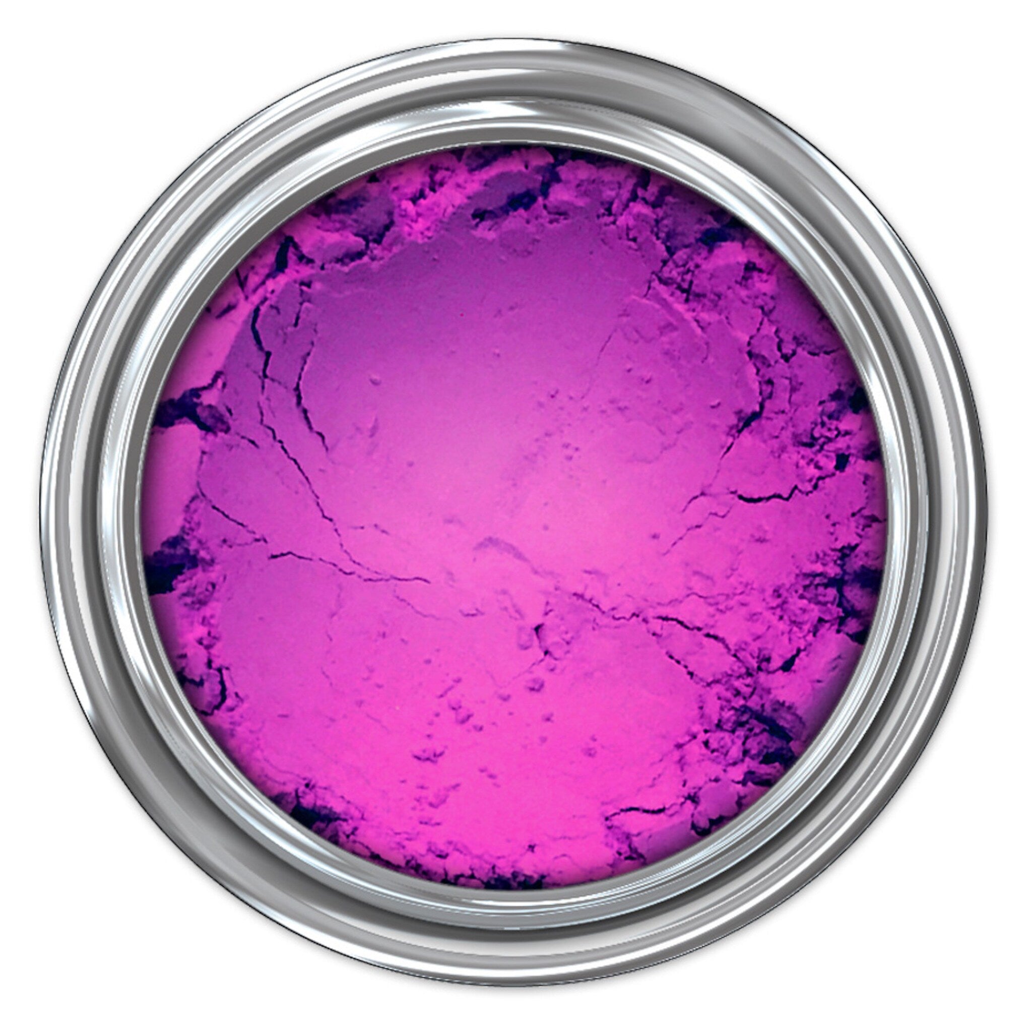 Pink powder in a silver metal can with visible texture and cracks