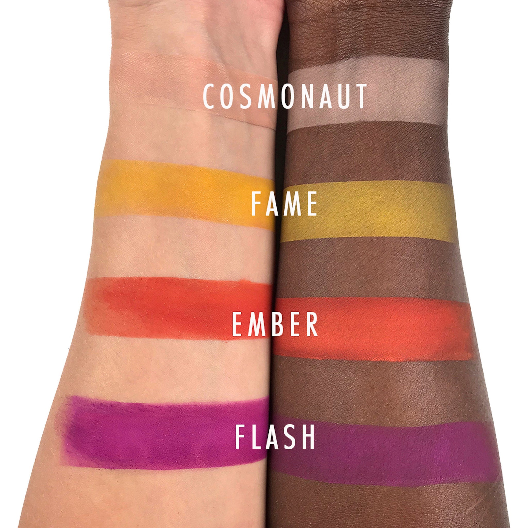 Swatches of eyeshadow, various colors, applied to skin for color comparison