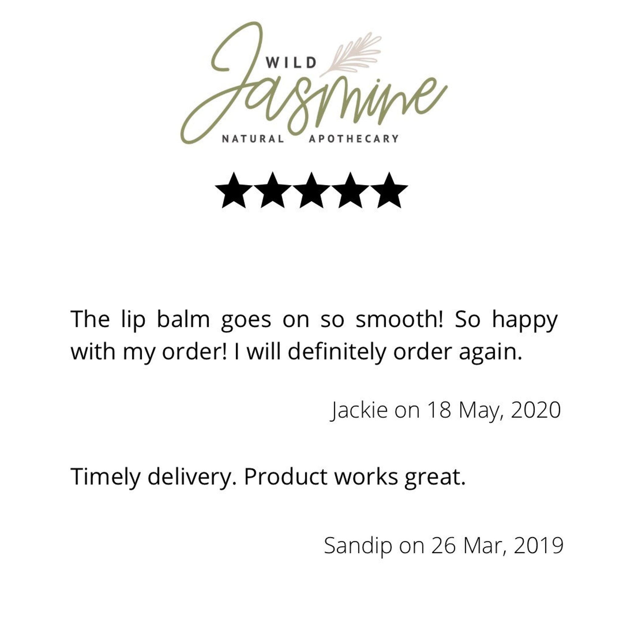 Wild Jasmine logo with green script text, black star rating, and customer reviews on white background