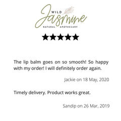 Wild Jasmine Apothecary logo with black stars and customer reviews on white background
