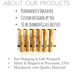 Bamboo essential oil bottles with engraved labels, natural wood color, and text labels